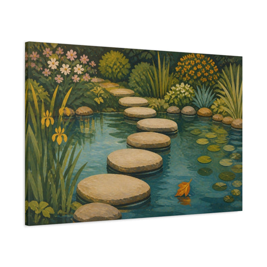 Main Mockup. Pond With Stepping Stones shown as canvas print