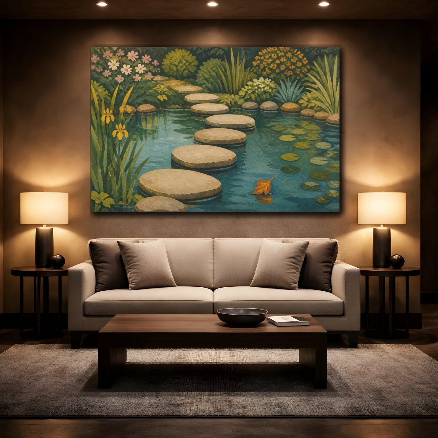 Mockup 2. Pond With Stepping Stones shown as canvas print