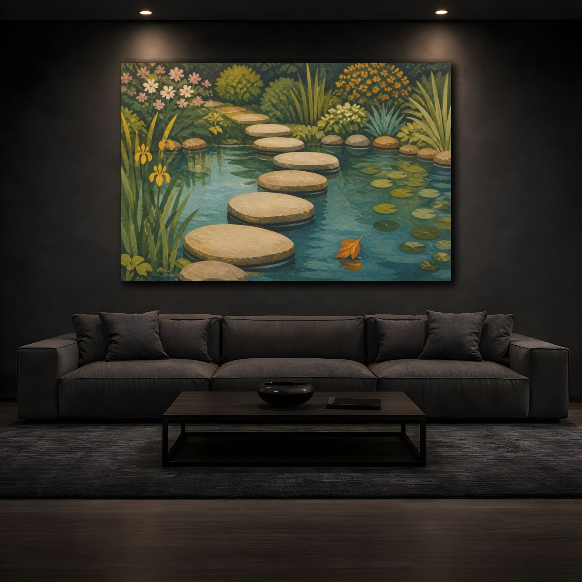 Mockup 3. Pond With Stepping Stones shown as canvas print