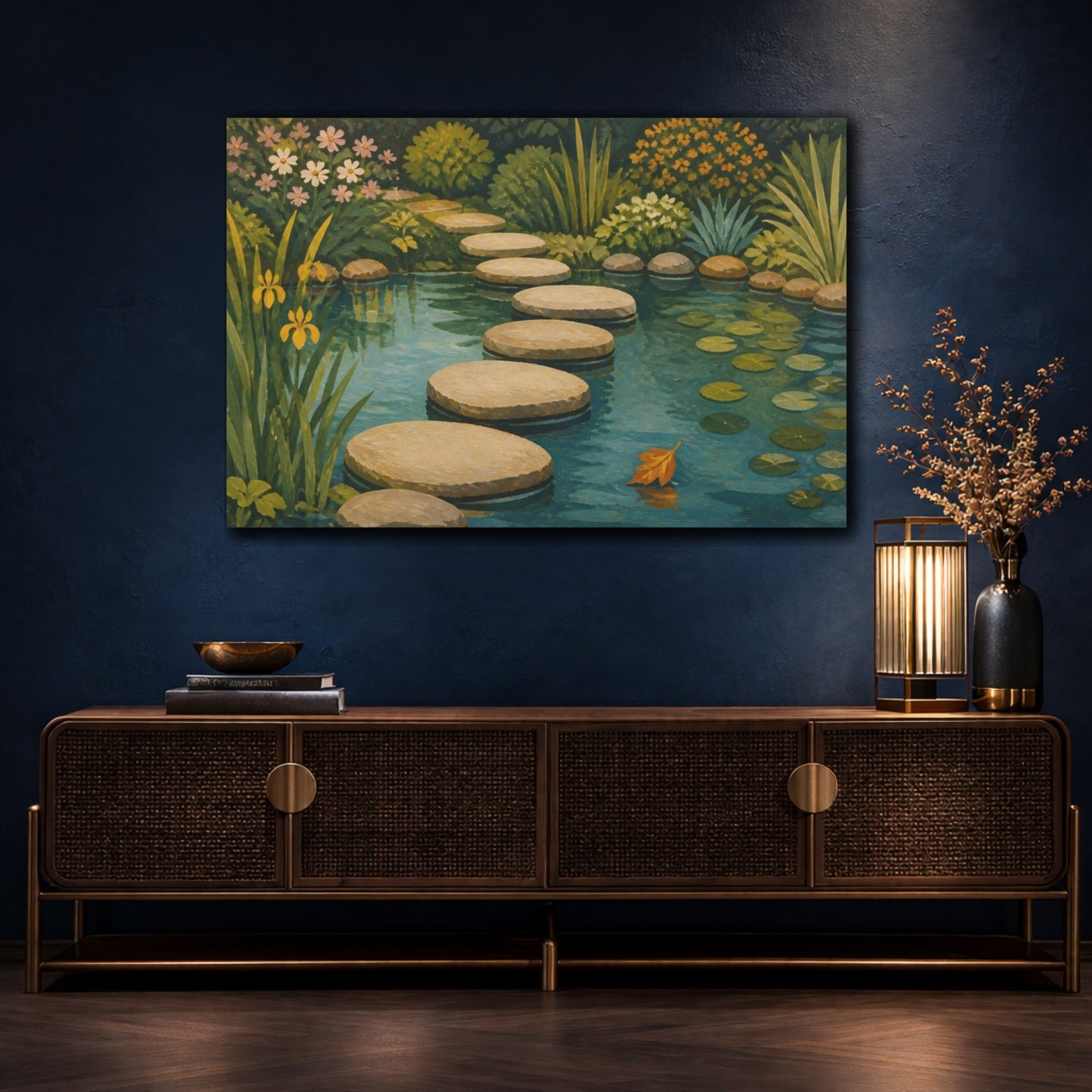 Mockup 4. Pond With Stepping Stones shown as canvas print