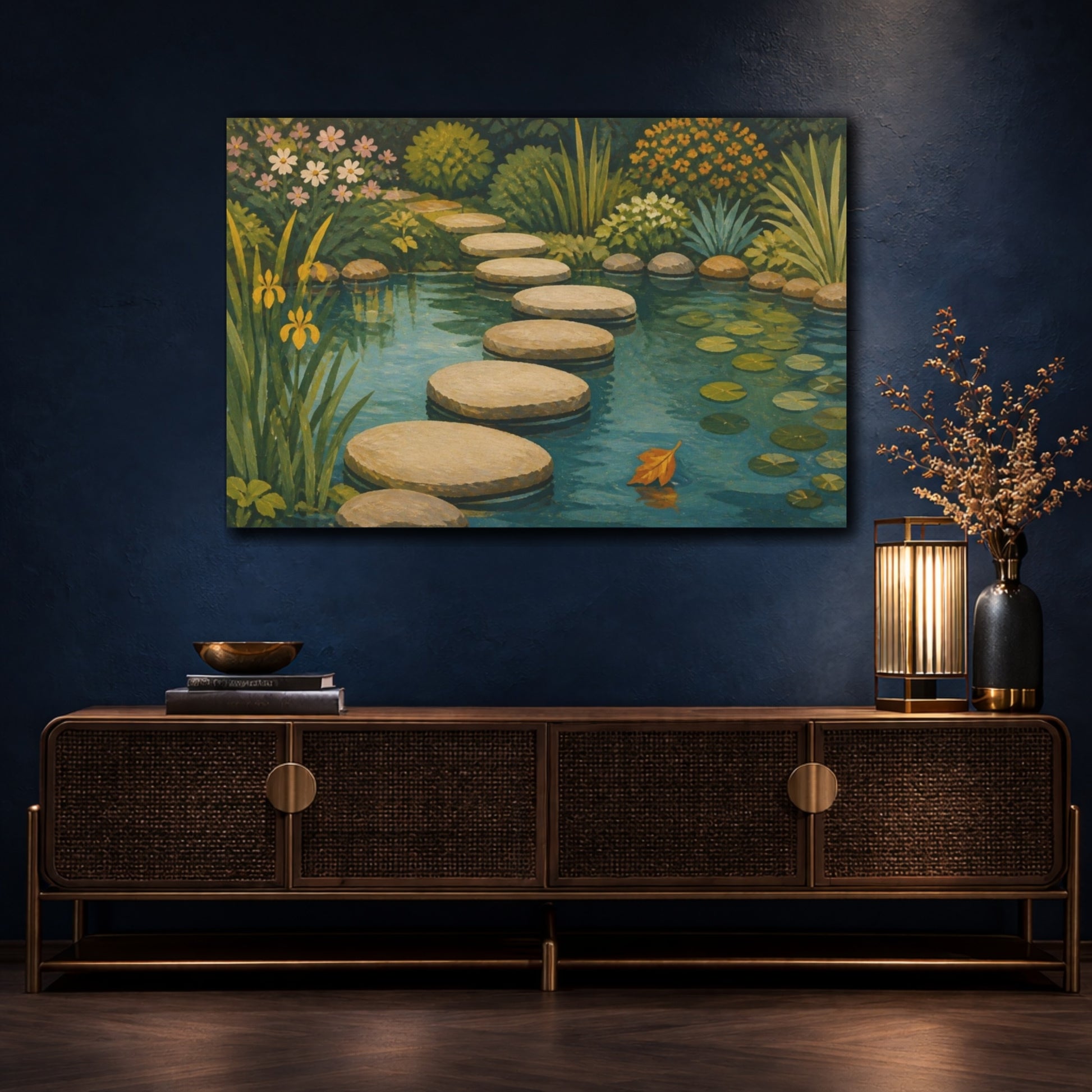 Mockup 4. Pond With Stepping Stones shown as canvas print