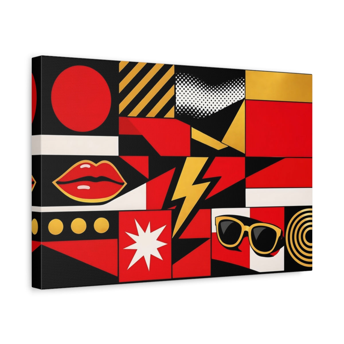 Side Mockup 4. Abstract Pop Art Icons Red Black Gold shown as stretched canvas wall art