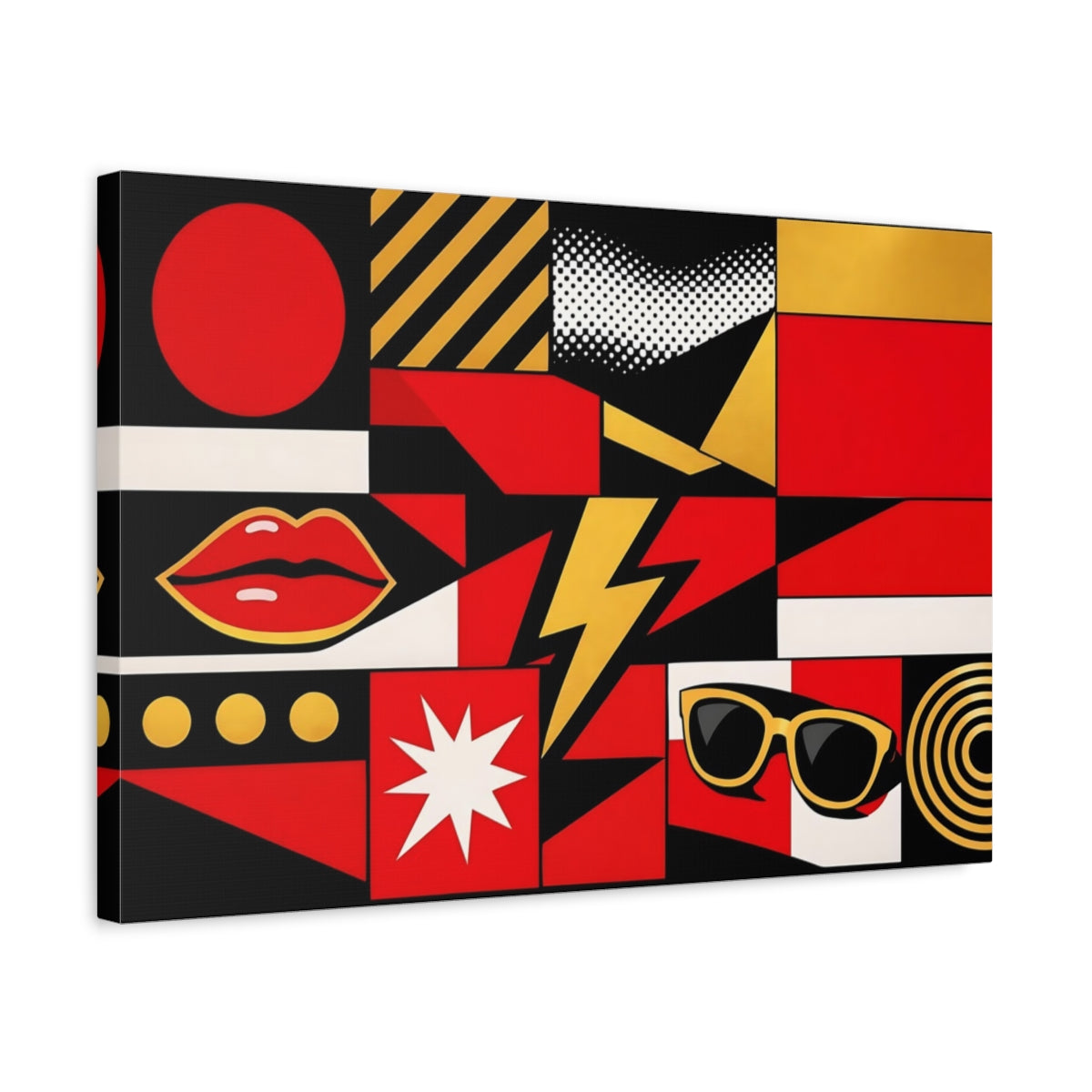 Side Mockup 3. Abstract Pop Art Icons Red Black Gold shown as stretched canvas wall art