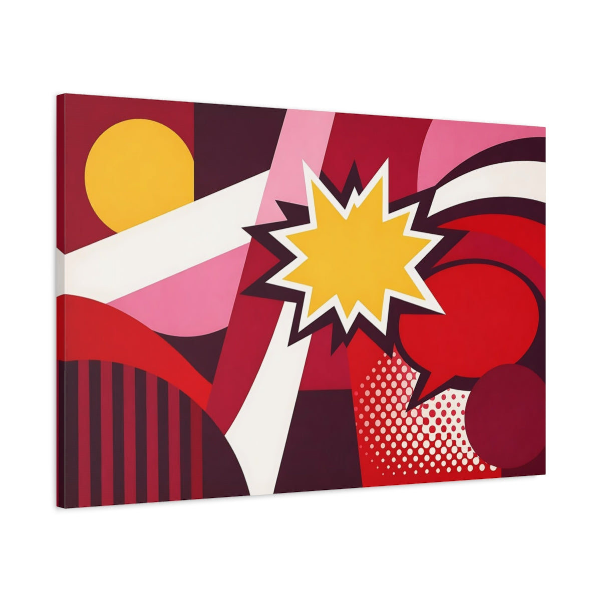 Side Mockup 1. Abstract Starburst Red Yellow Abstract shown as stretched canvas wall art