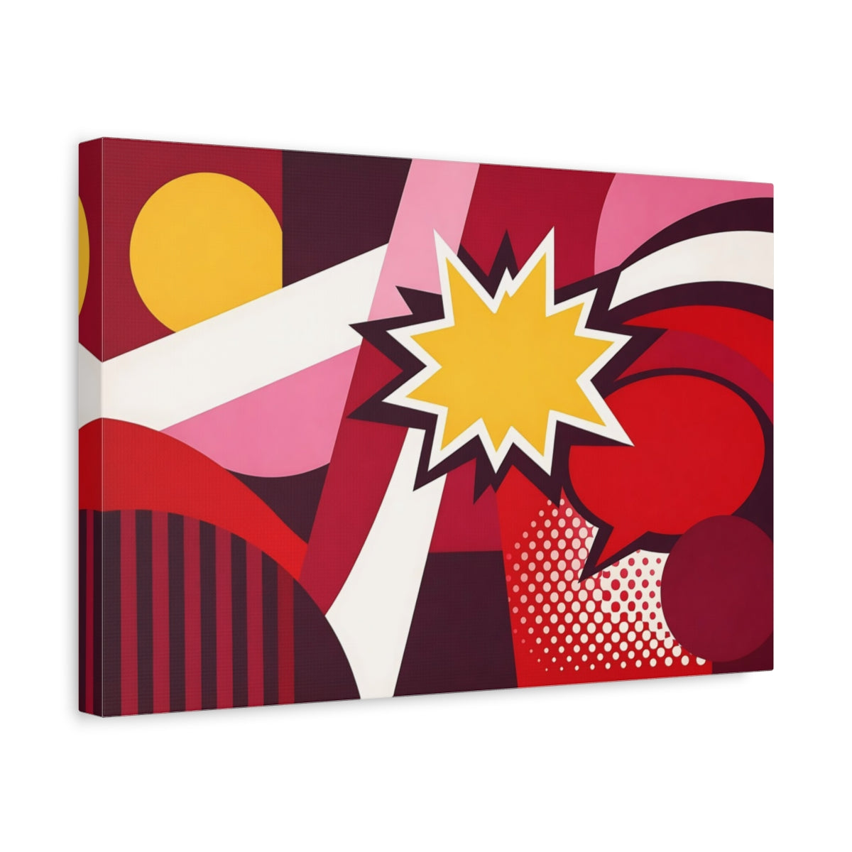 Side Mockup 4. Abstract Starburst Red Yellow Abstract shown as stretched canvas wall art