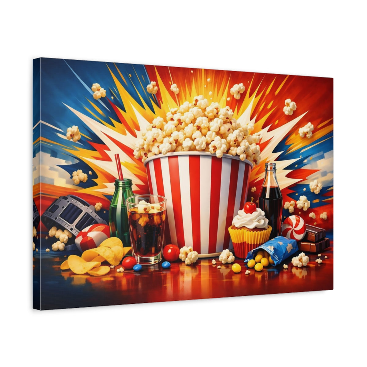 Side Mockup 3. Movies Movie Snacks Colorful Movie Snacks shown as stretched canvas wall art