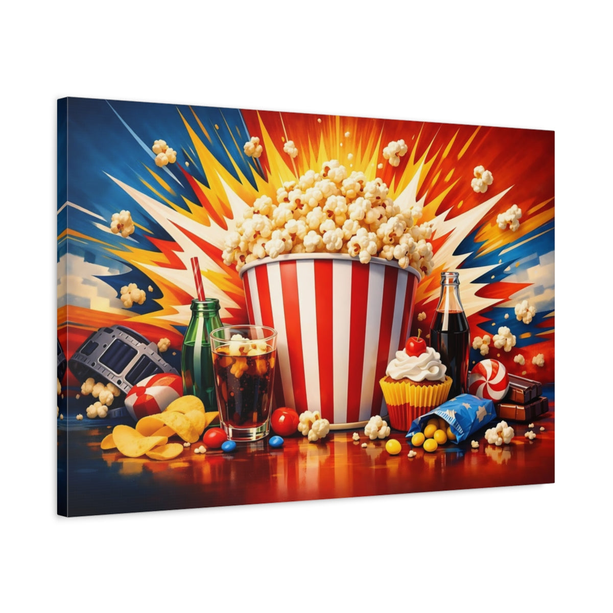 Side Mockup 2. Movies Movie Snacks Colorful Movie Snacks shown as stretched canvas wall art