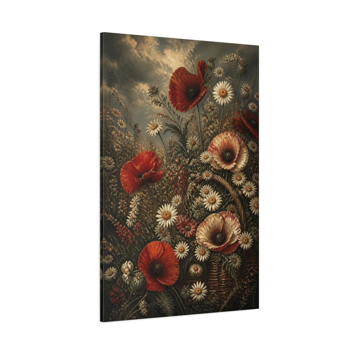 Side Mockup 1. Poppy And Daisy Flowers shown as canvas print