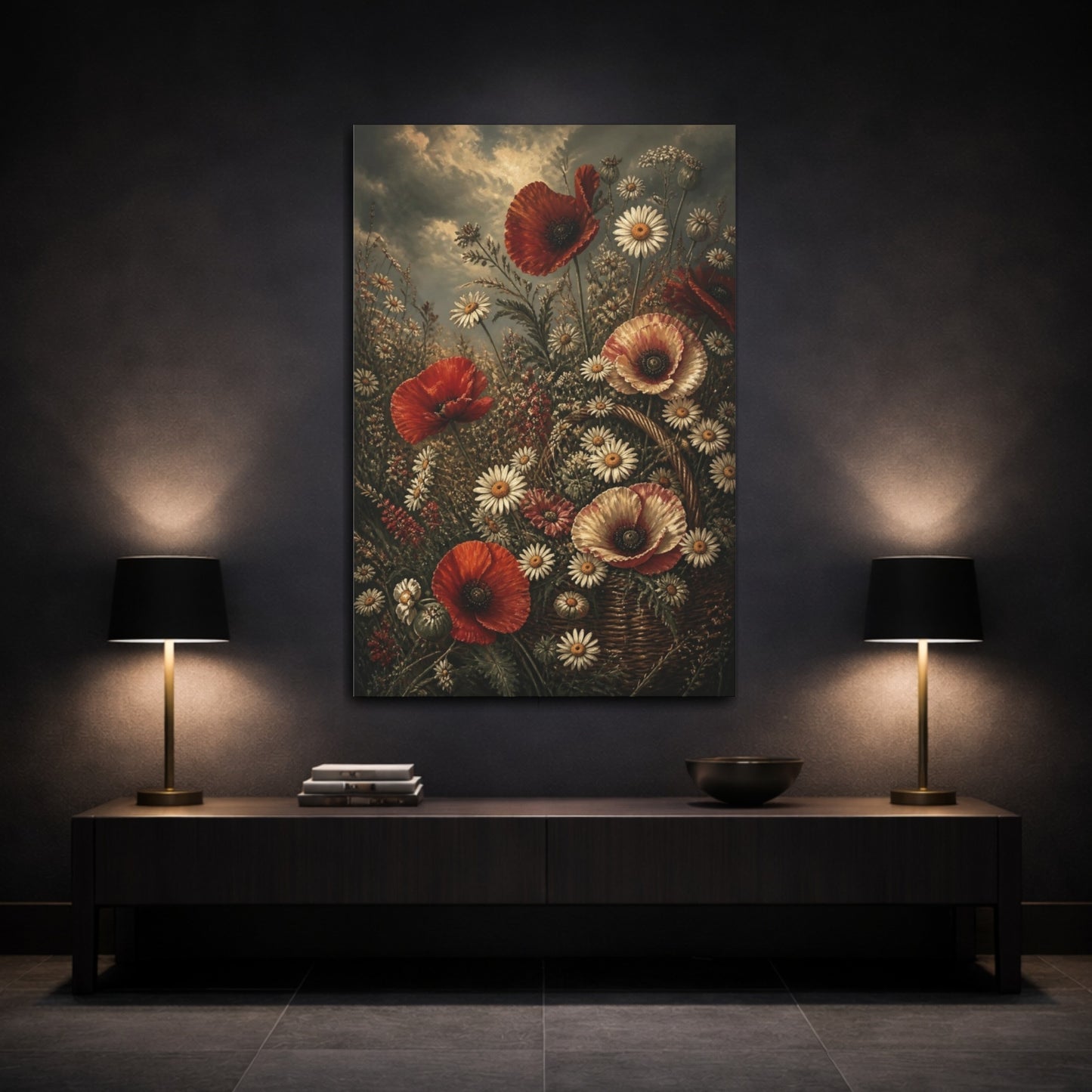 Mockup 3. Poppy And Daisy Flowers shown as canvas print