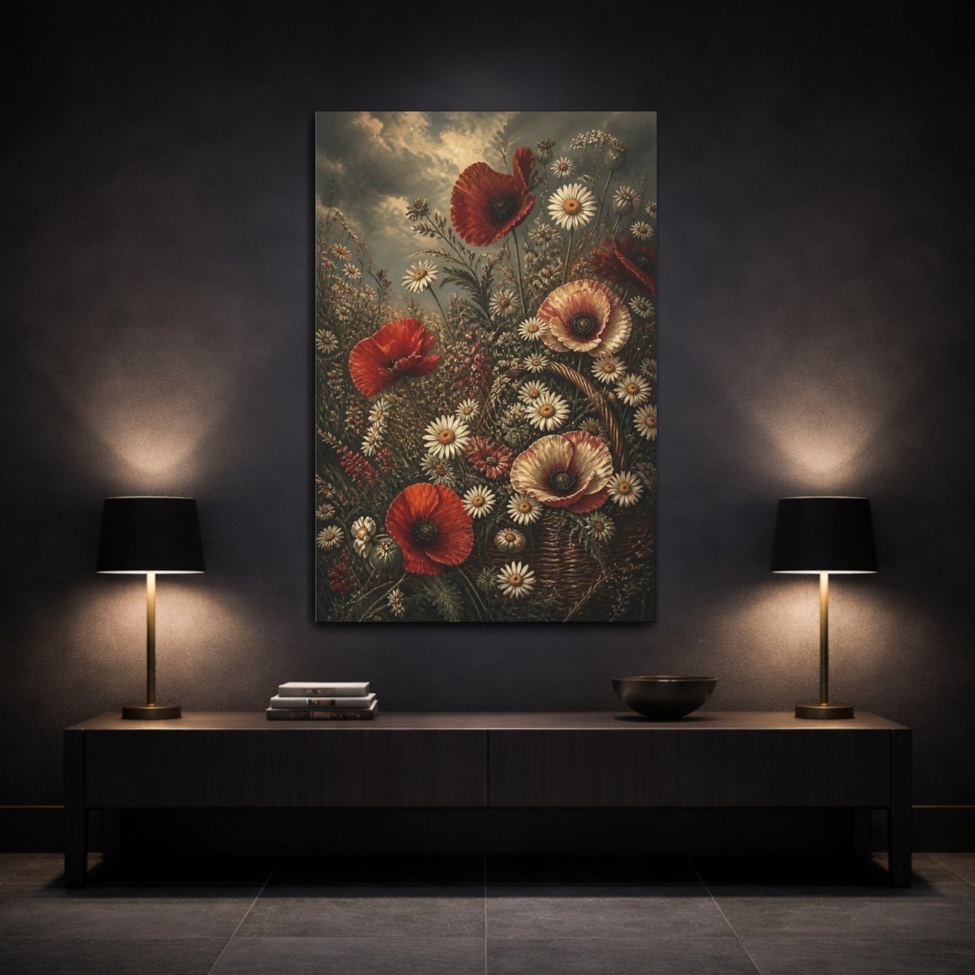 Mockup 3. Poppy And Daisy Flowers shown as canvas print