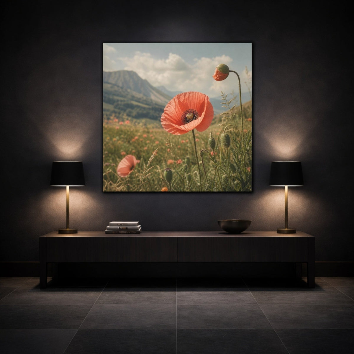 Poppy In Mountain Meadow Canvas Print – Living Room, Above Fireplace - YesArtYes