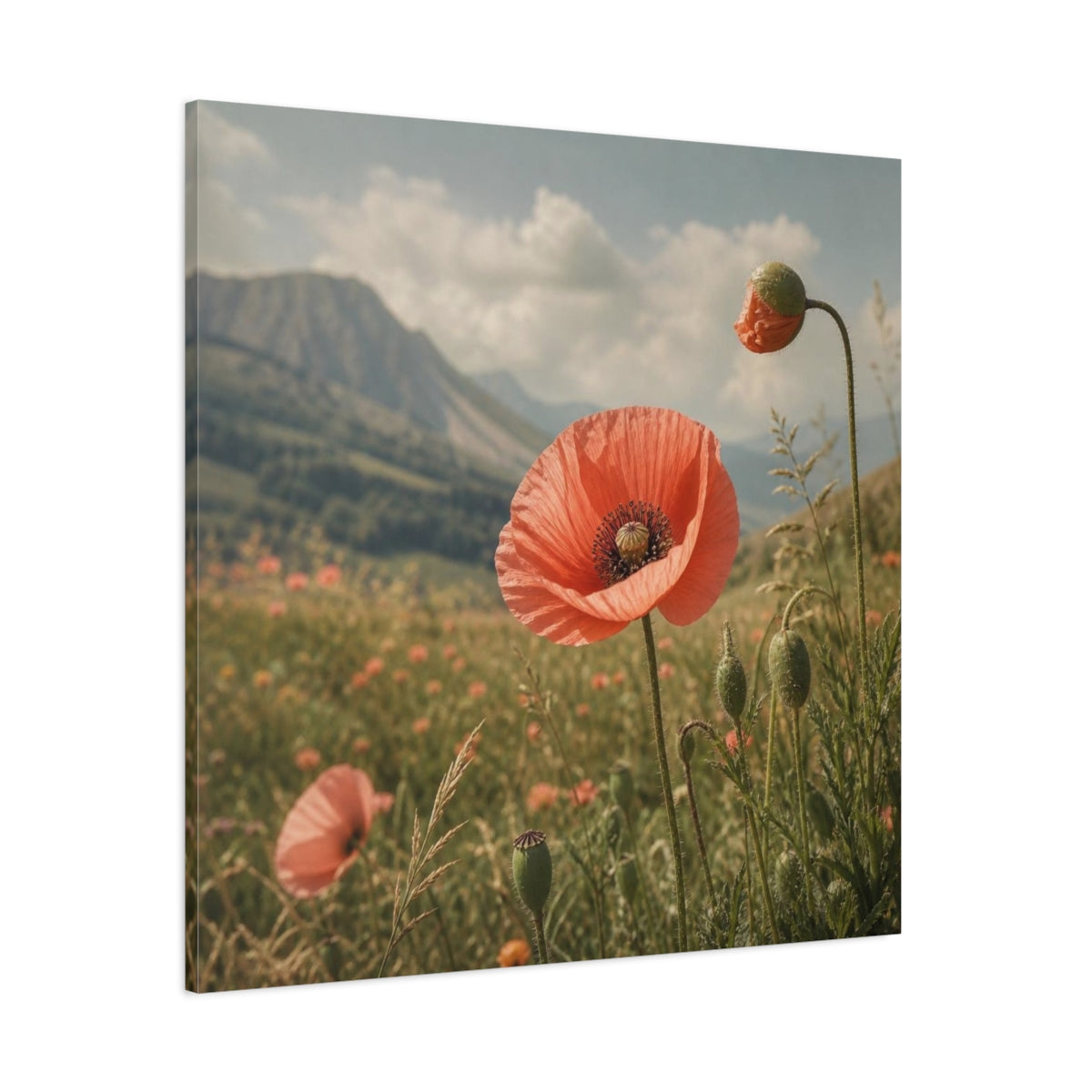 Side Mockup 1. Poppy In Mountain Meadow shown as canvas print