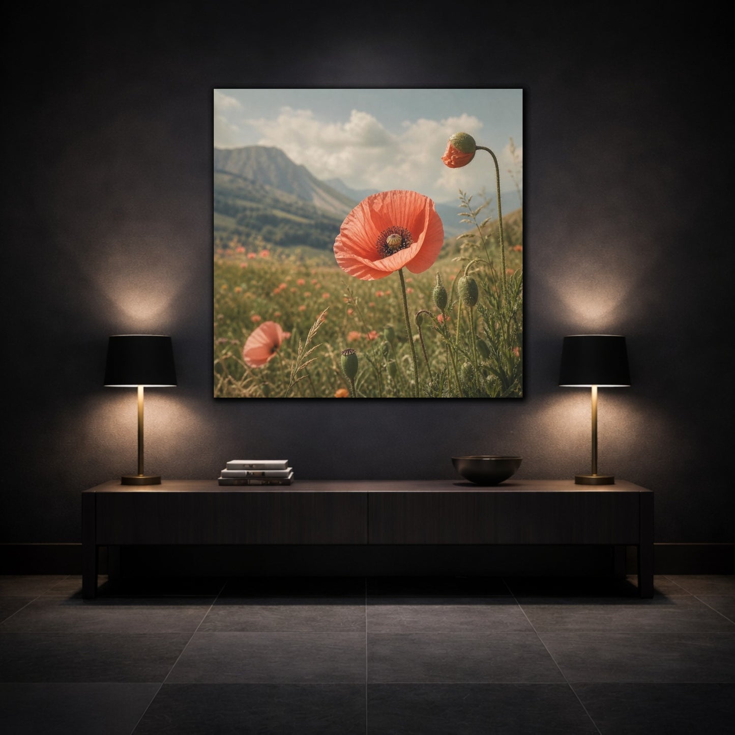 Mockup 3. Poppy In Mountain Meadow shown as canvas print