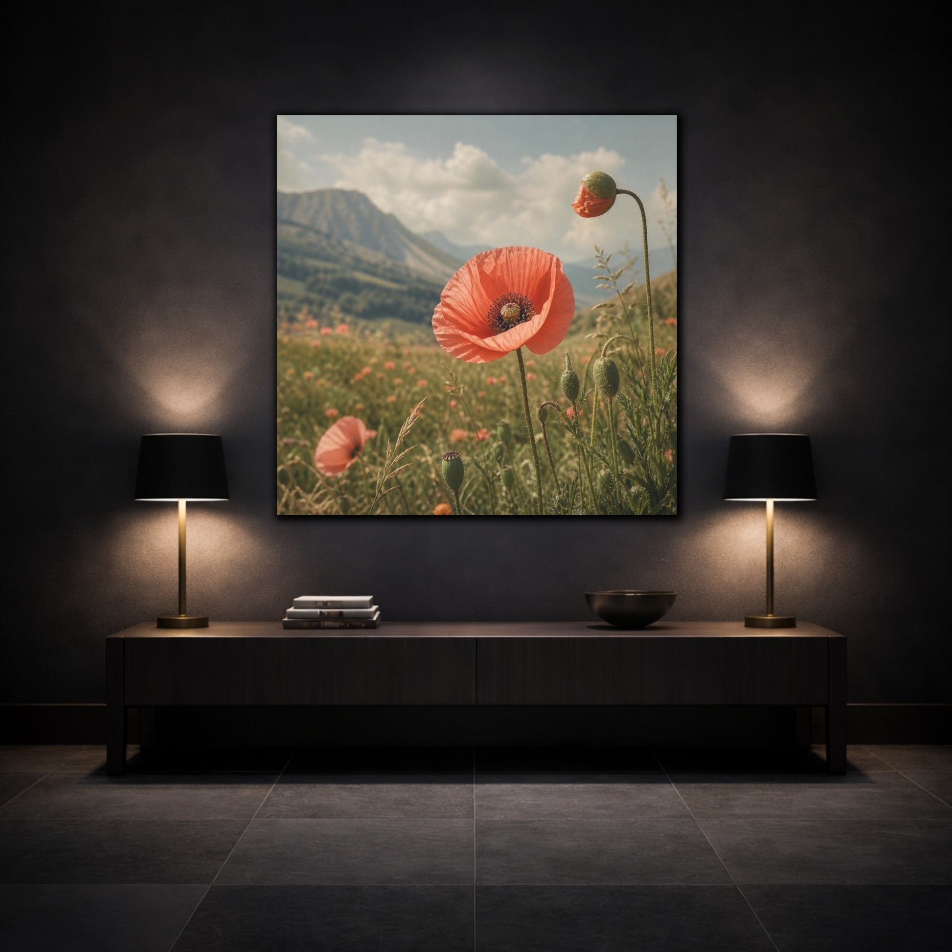 Mockup 3. Poppy In Mountain Meadow shown as canvas print