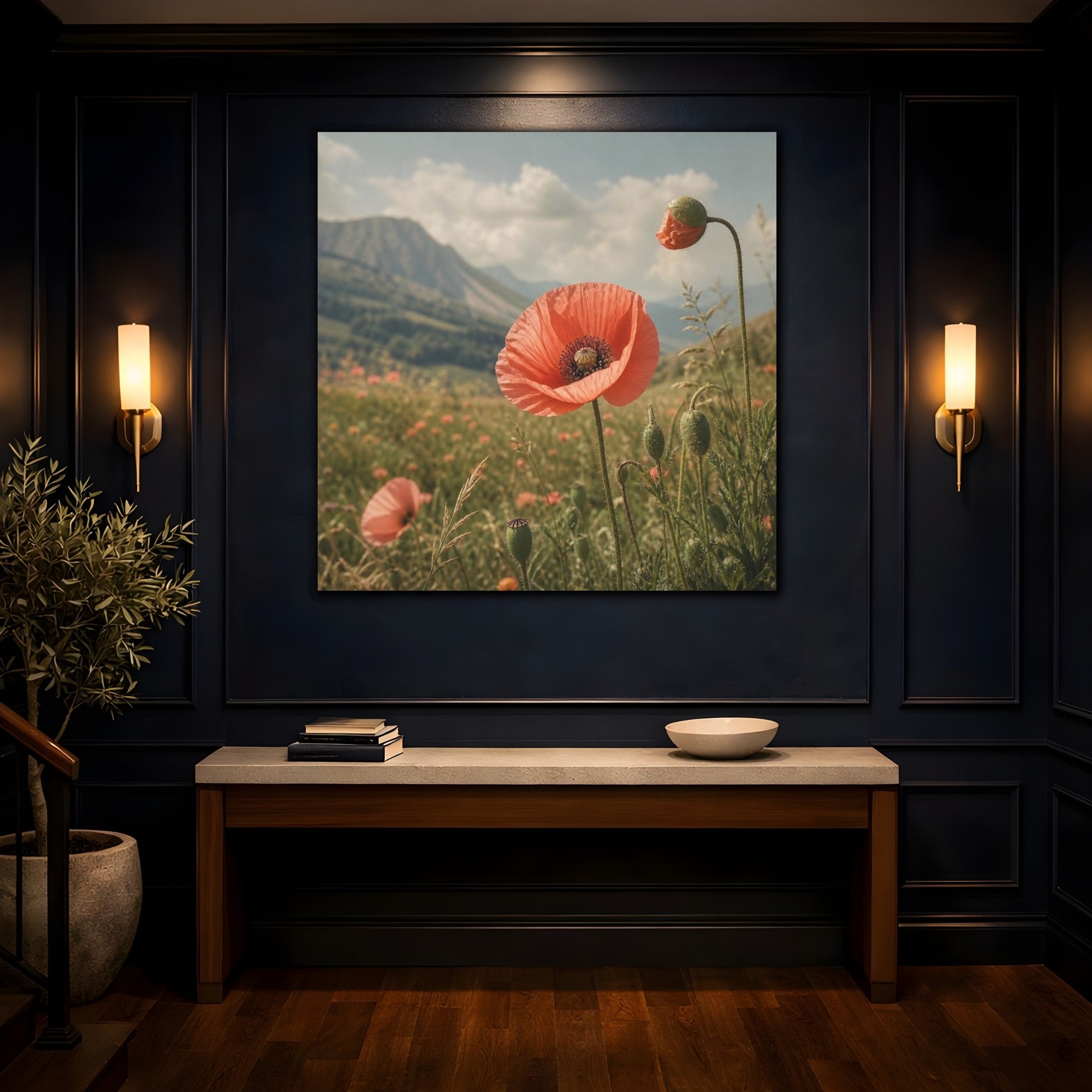 Mockup 4. Poppy In Mountain Meadow shown as canvas print