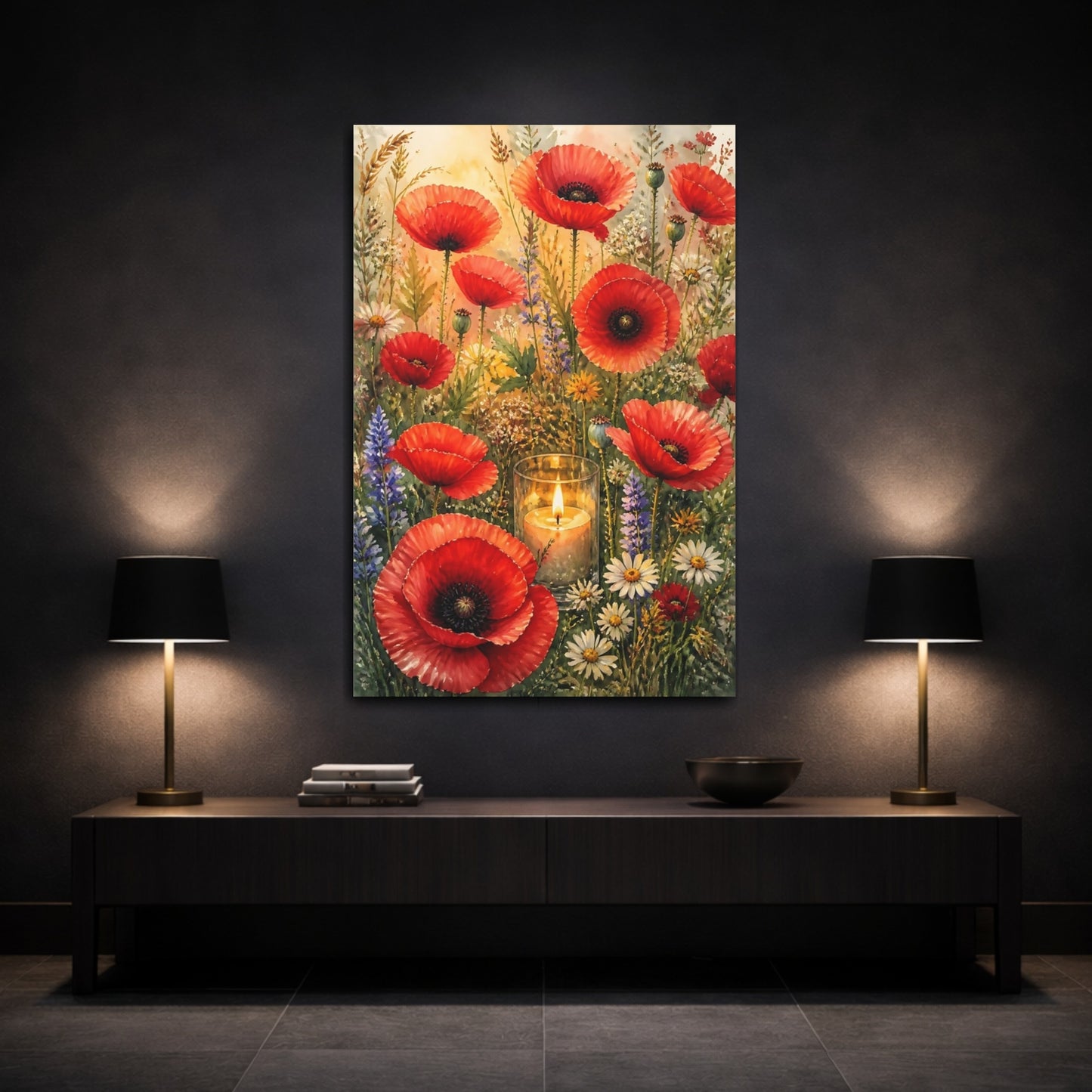 Mockup 3. Poppy Meadow Flowers shown as canvas print