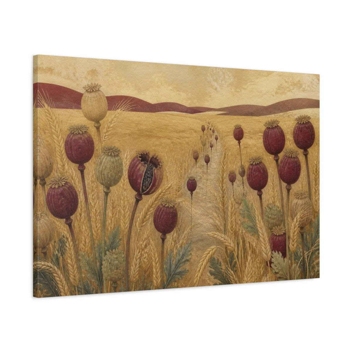Main Mockup. Poppy Pods In Nature shown as canvas print