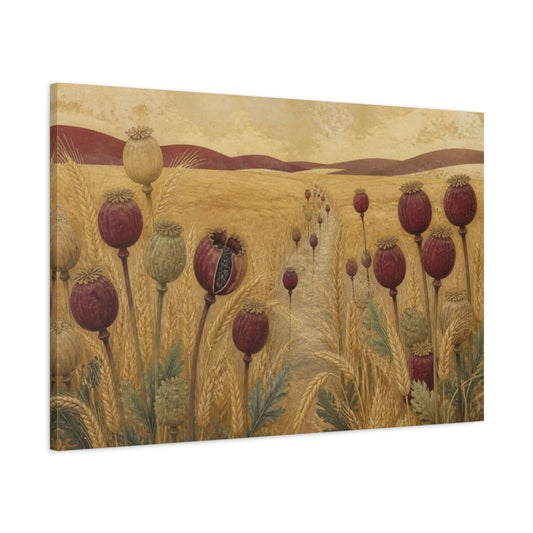 Main Mockup. Poppy Pods In Nature shown as canvas print