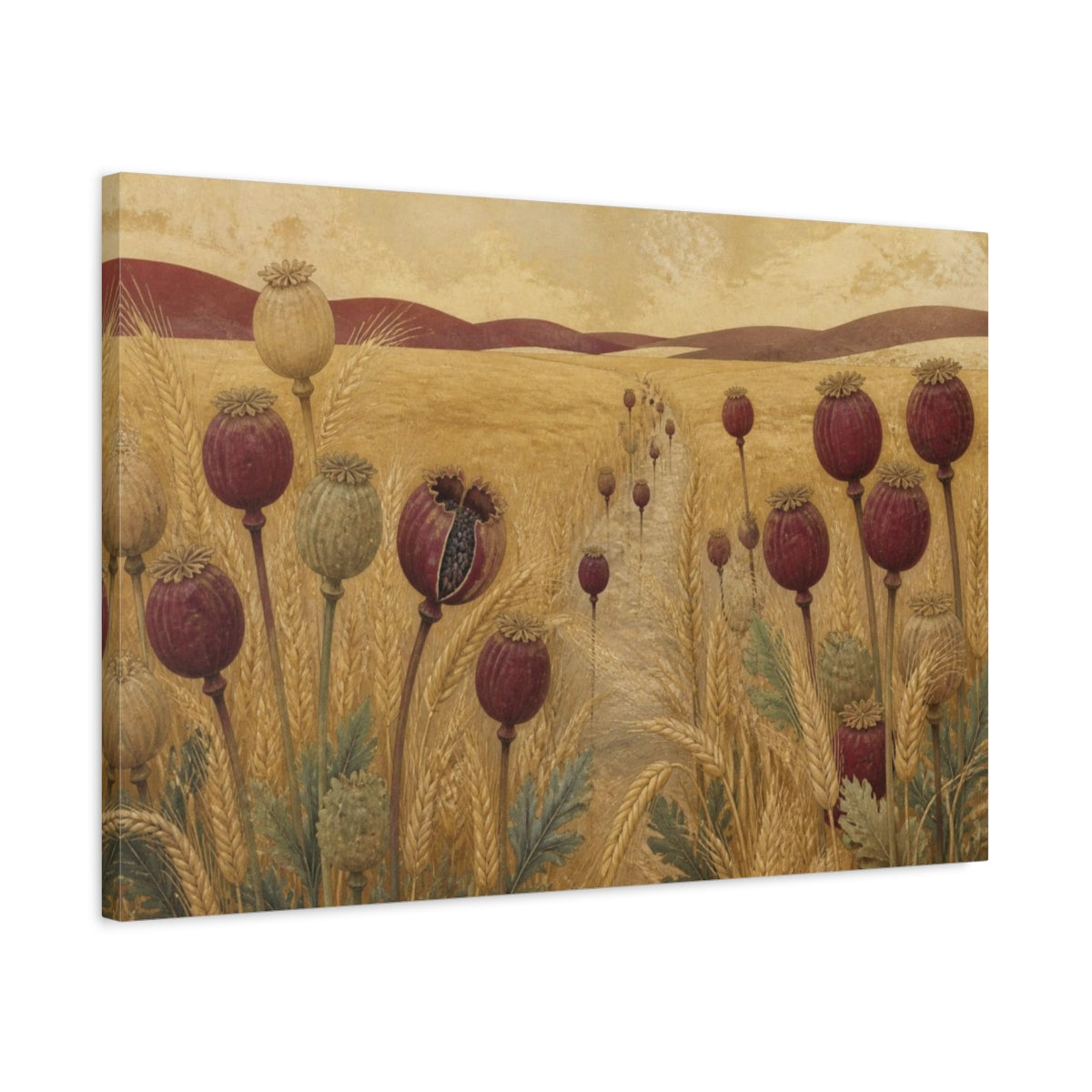 Side Mockup 2. Poppy Pods In Nature shown as canvas print