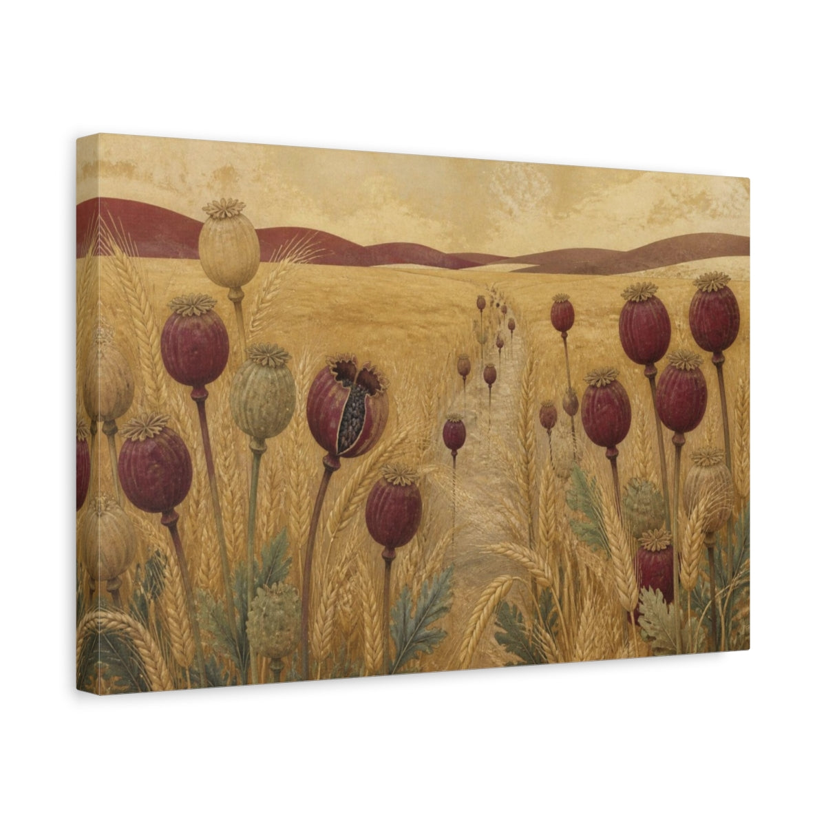 Side Mockup 4. Poppy Pods In Nature shown as canvas print