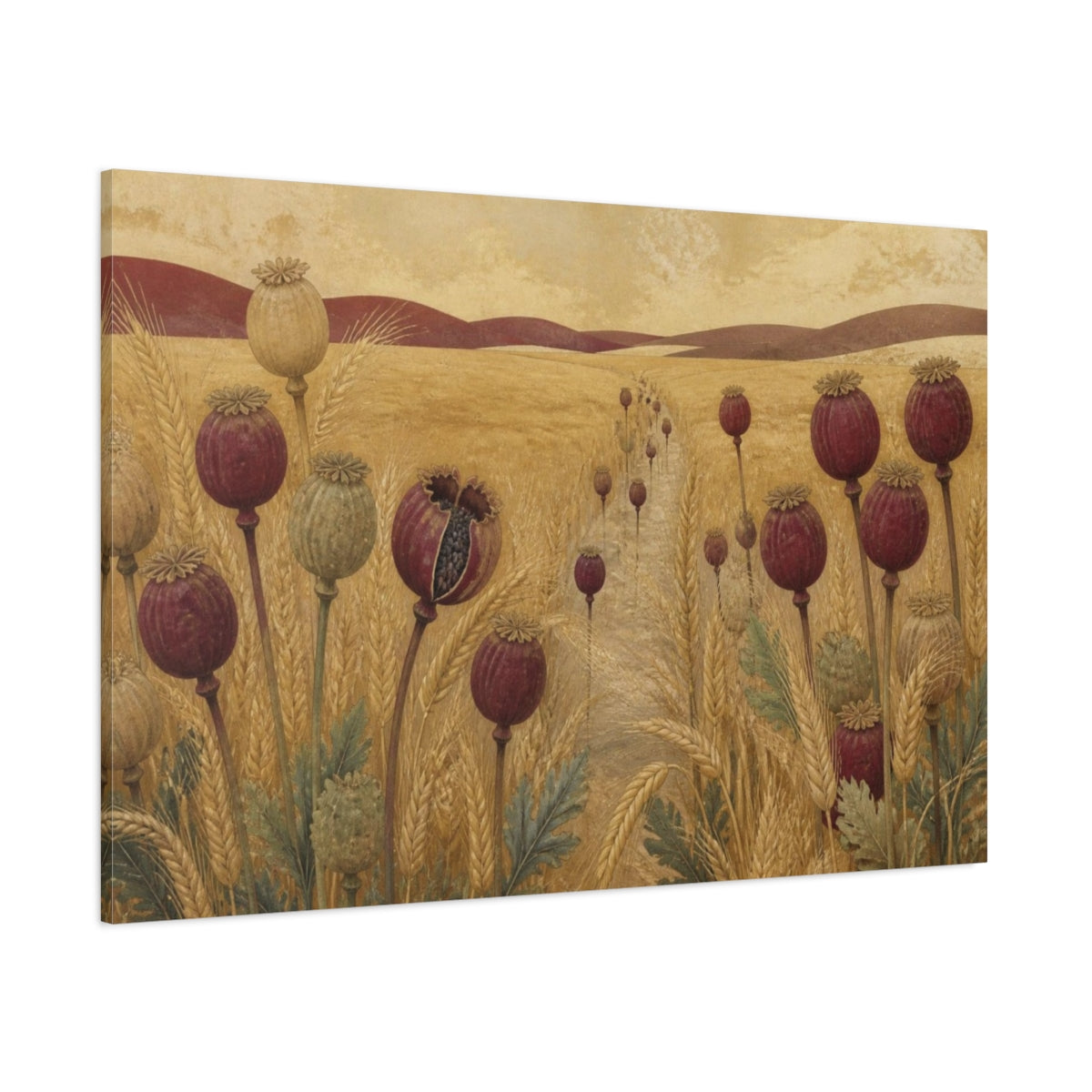 Side Mockup 1. Poppy Pods In Nature shown as canvas print