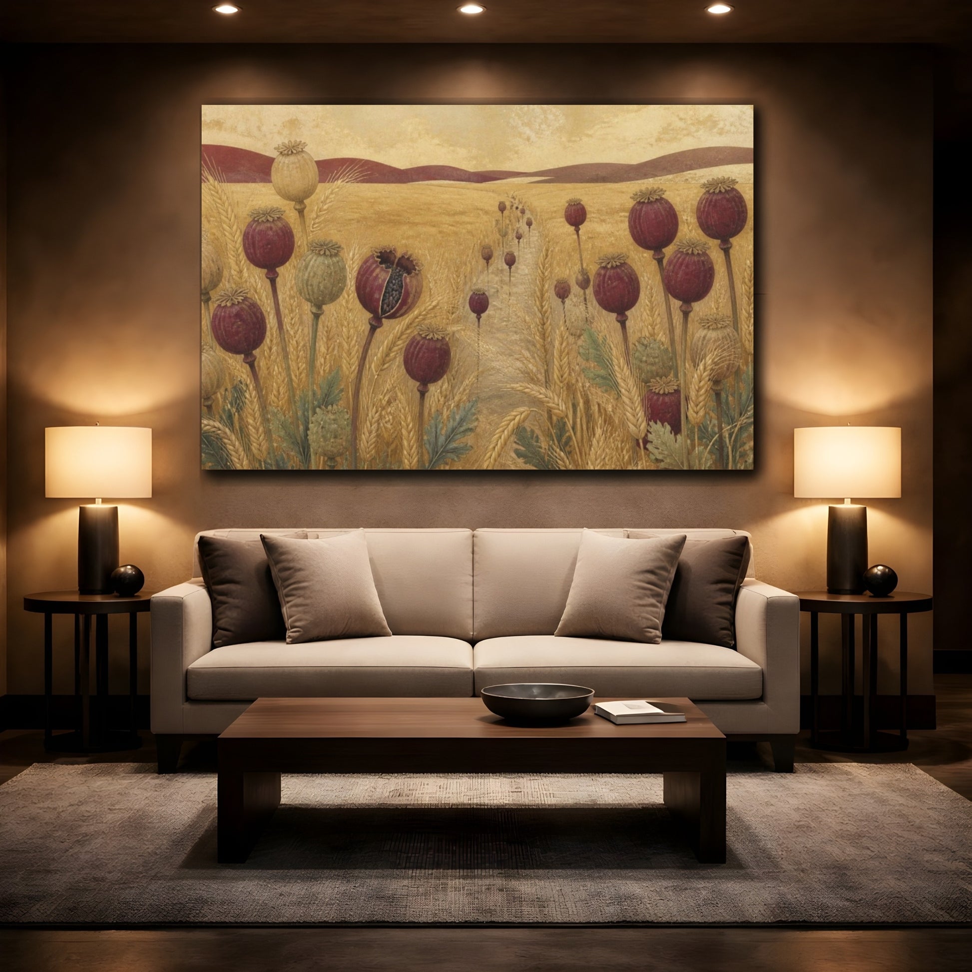 Mockup 2. Poppy Pods In Nature shown as canvas print