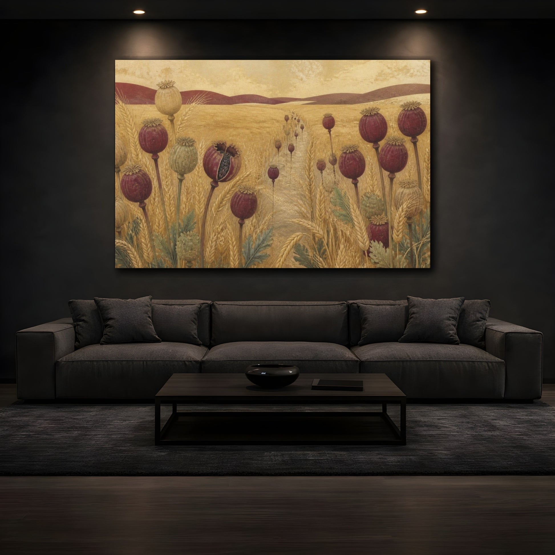 Mockup 3. Poppy Pods In Nature shown as canvas print