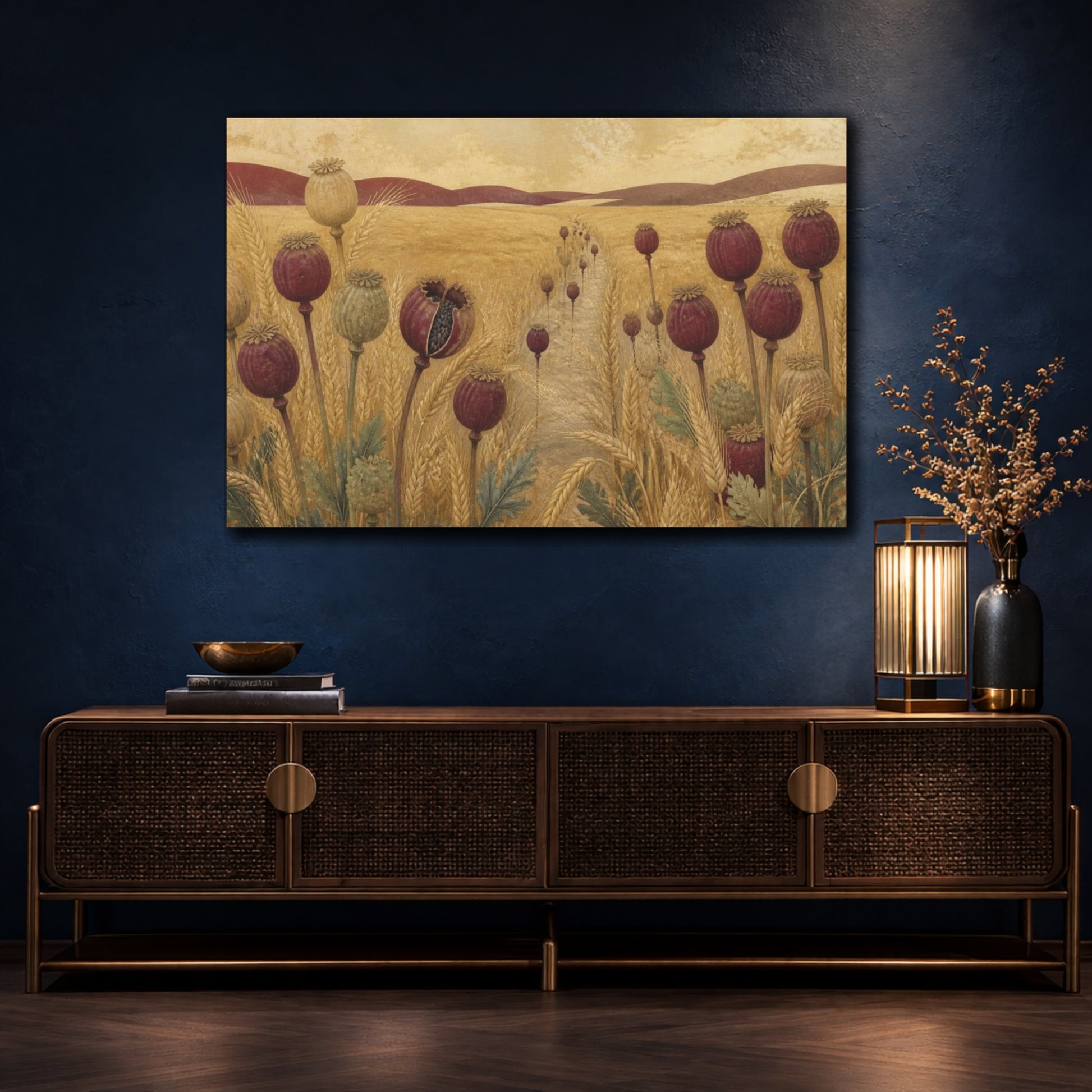Mockup 4. Poppy Pods In Nature shown as canvas print