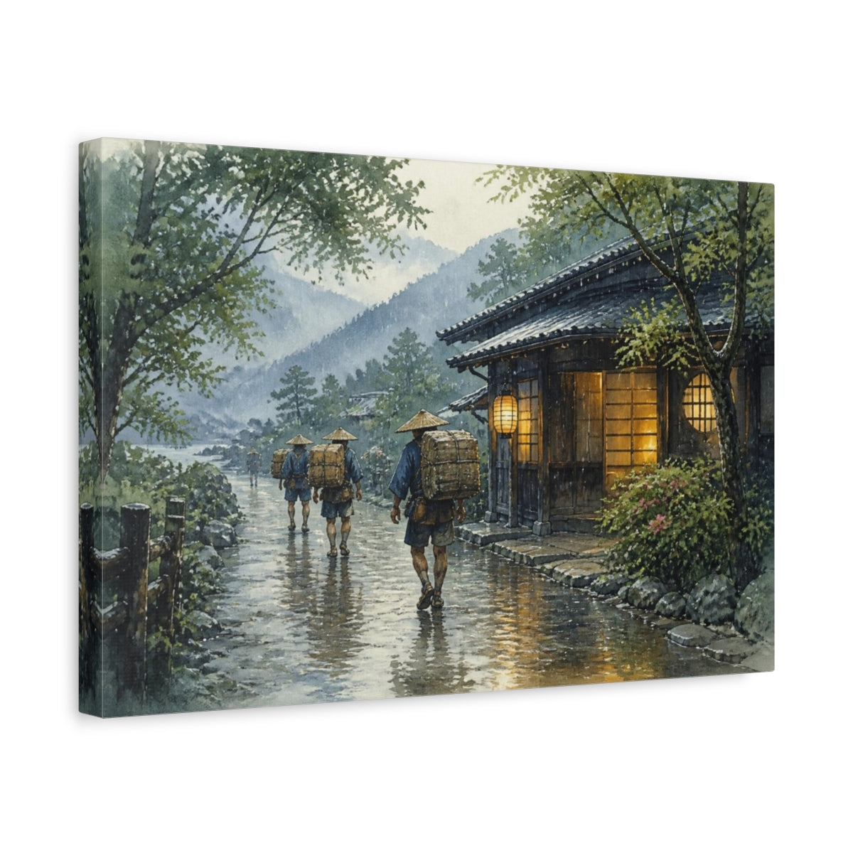 Side Mockup 4. Porters On Rainy Road shown as canvas print