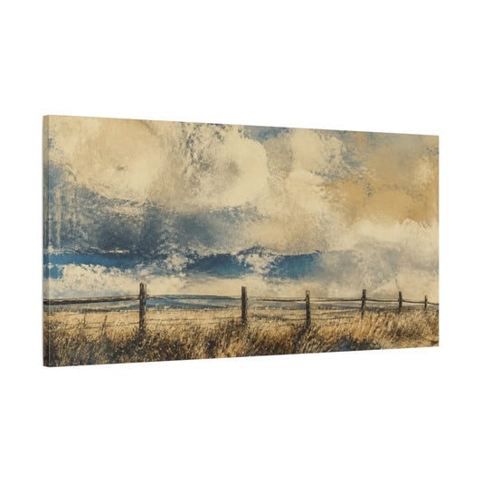 Main Mockup. Prairie Fence Under Clouds shown as canvas print