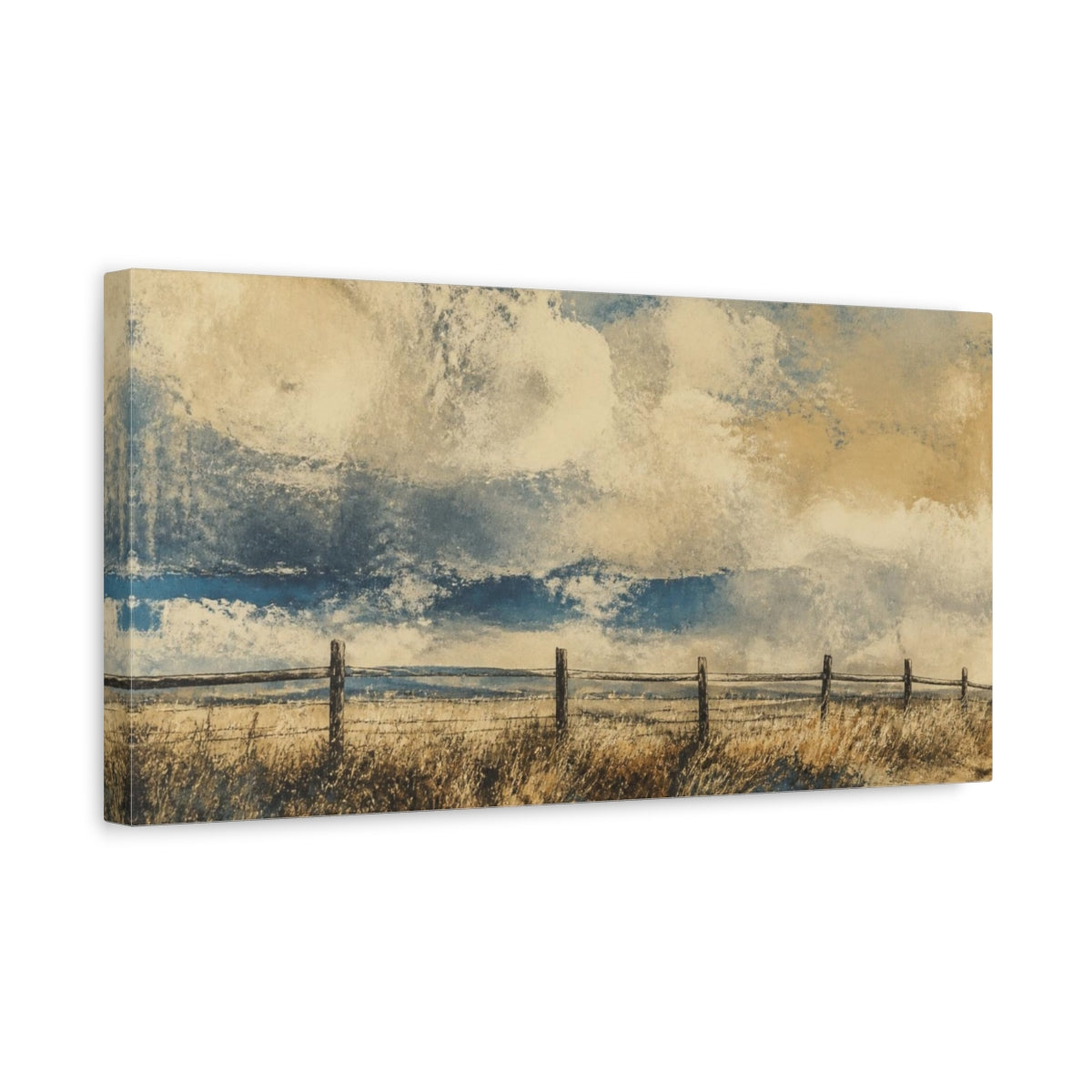 Side Mockup 3. Prairie Fence Under Clouds shown as canvas print