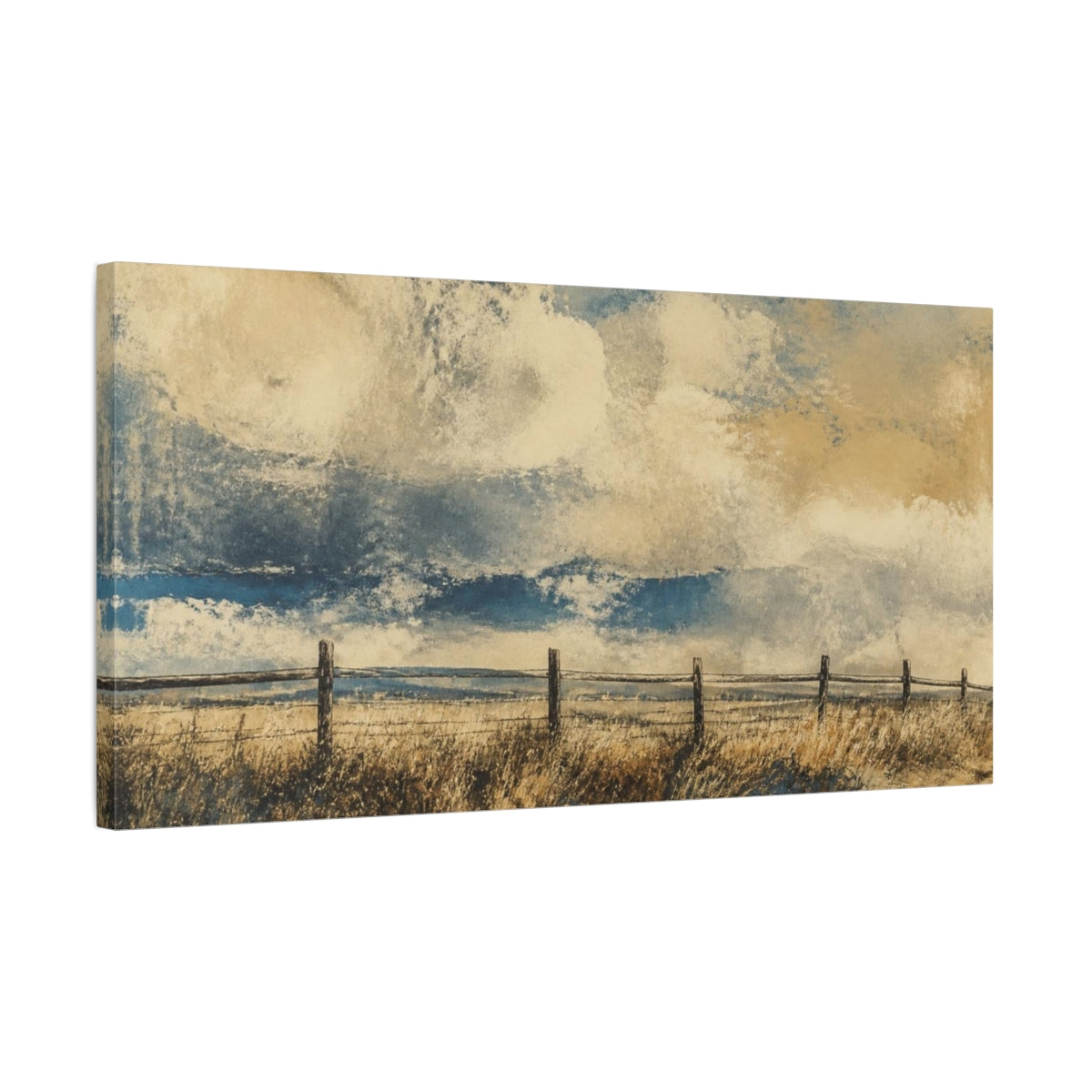 Side Mockup 1. Prairie Fence Under Clouds shown as canvas print