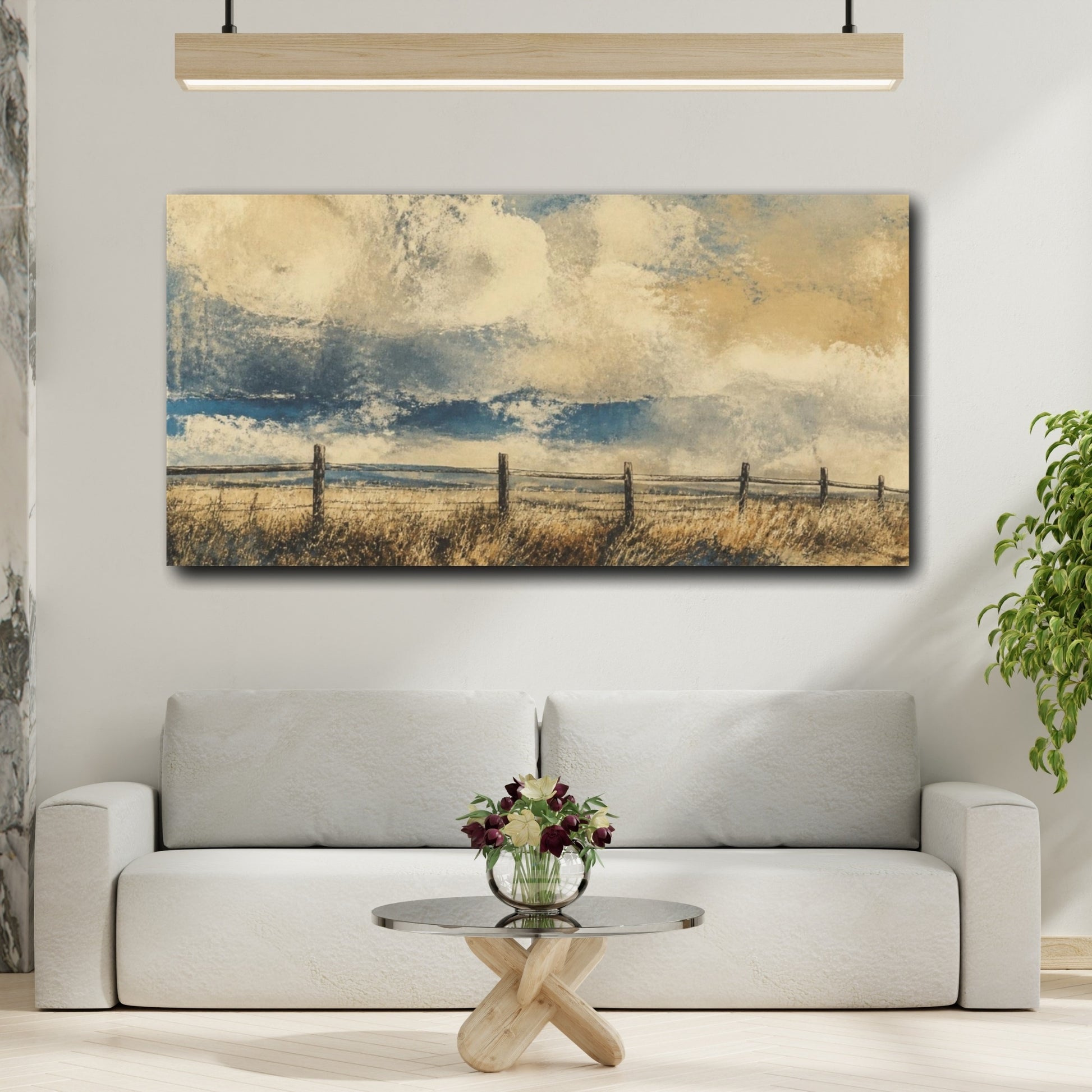 Mockup 2. Prairie Fence Under Clouds shown as canvas print