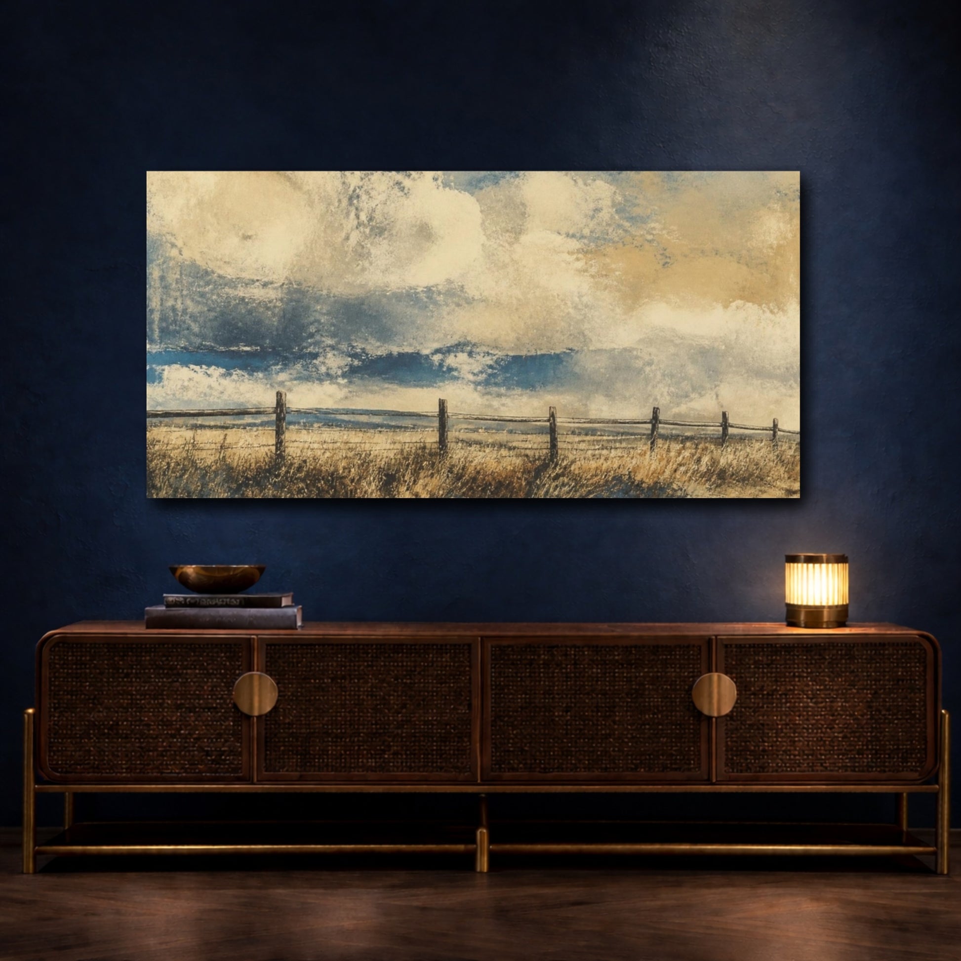 Mockup 4. Prairie Fence Under Clouds shown as canvas print