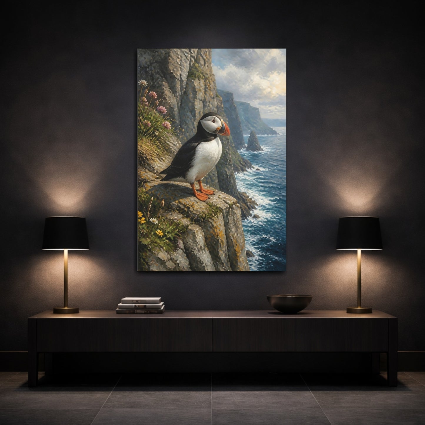 Mockup 3. Puffin And Coastal Animals shown as canvas print
