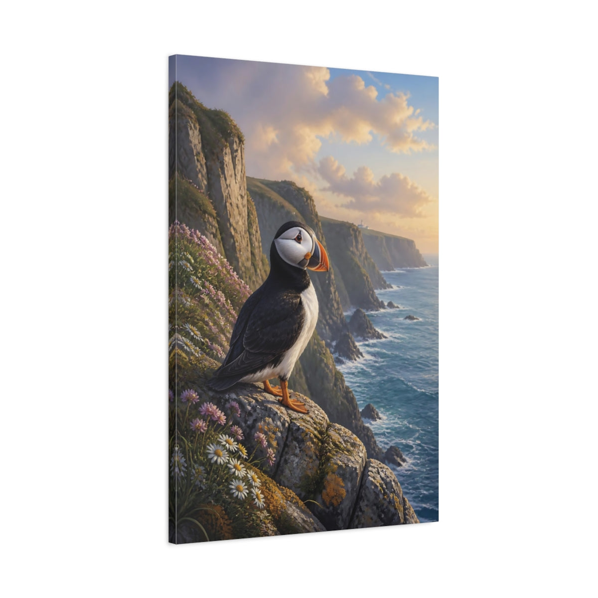 Main Mockup. Puffin Coastal Animal Portrait shown as canvas print