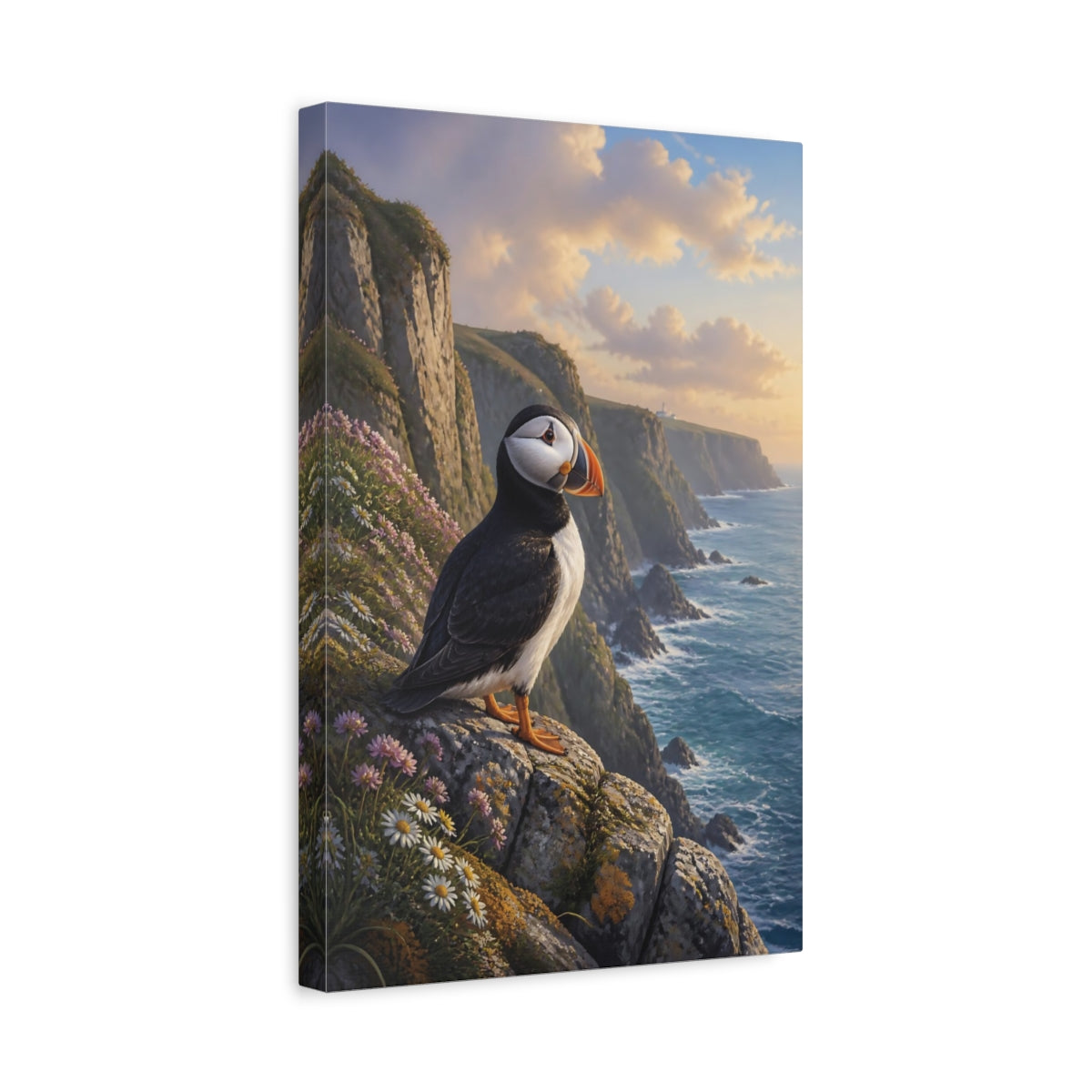 Side Mockup 4. Puffin Coastal Animal Portrait shown as canvas print