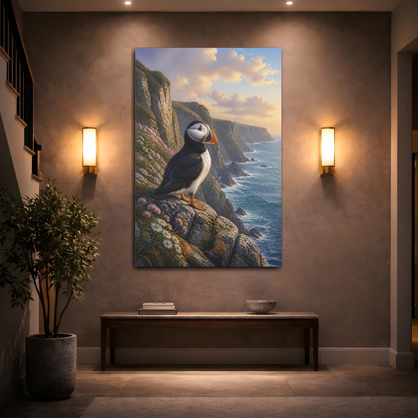 Mockup 2. Puffin Coastal Animal Portrait shown as canvas print