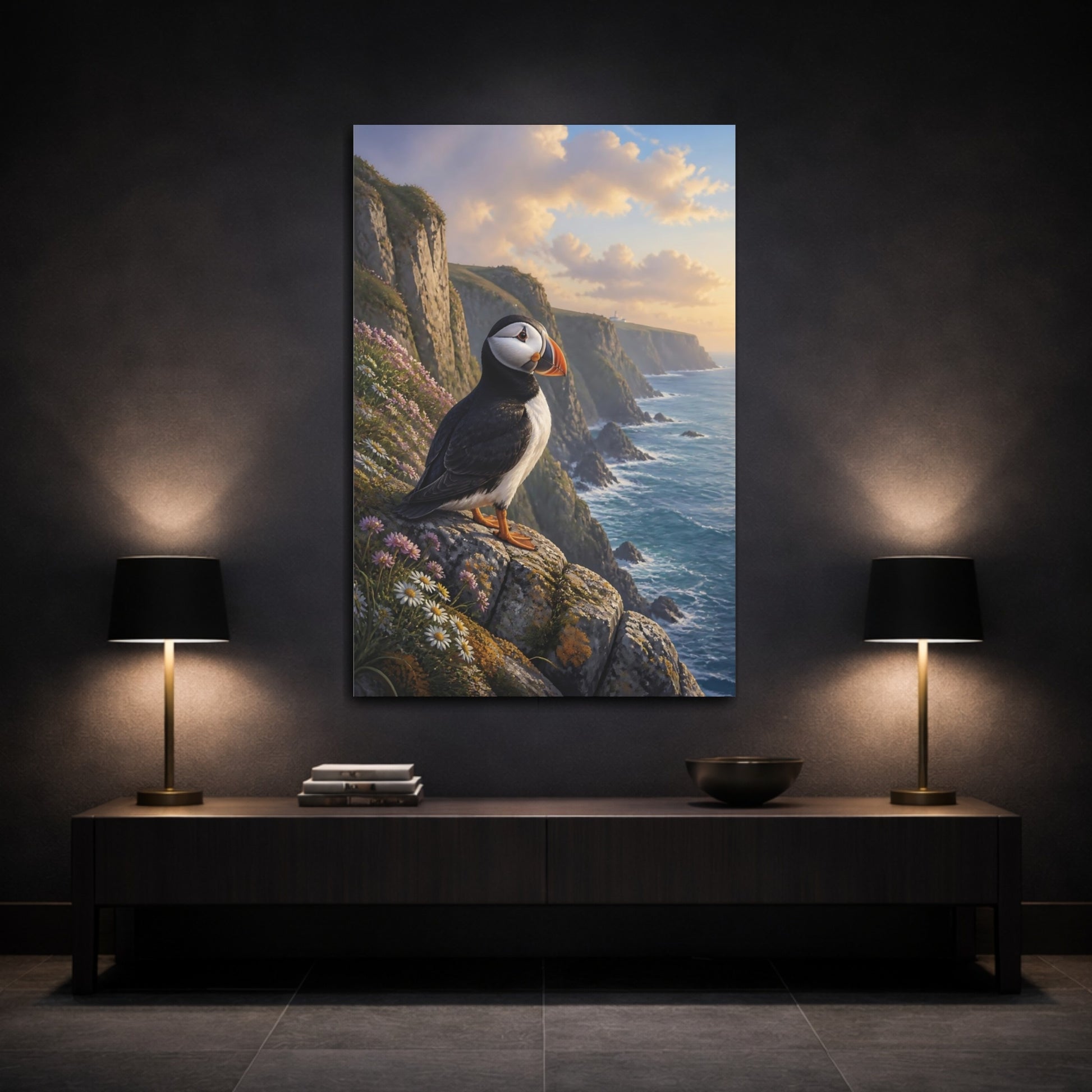 Mockup 3. Puffin Coastal Animal Portrait shown as canvas print
