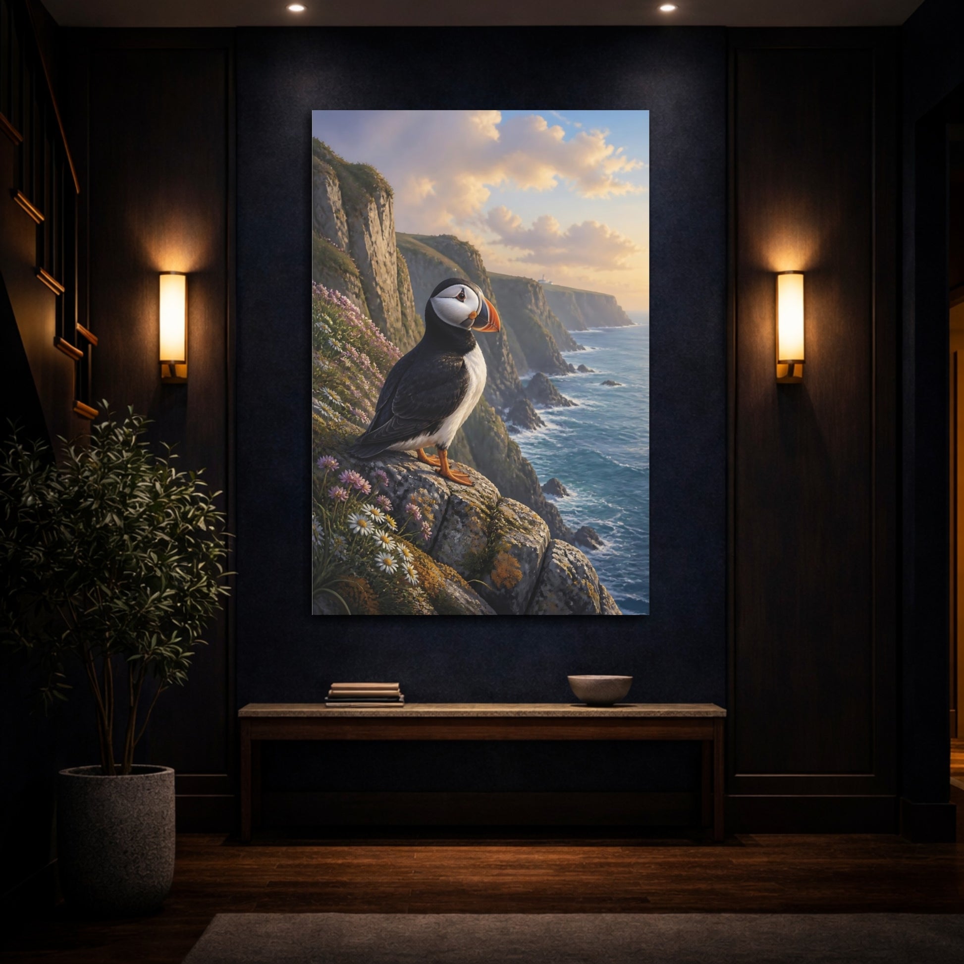 Mockup 4. Puffin Coastal Animal Portrait shown as canvas print