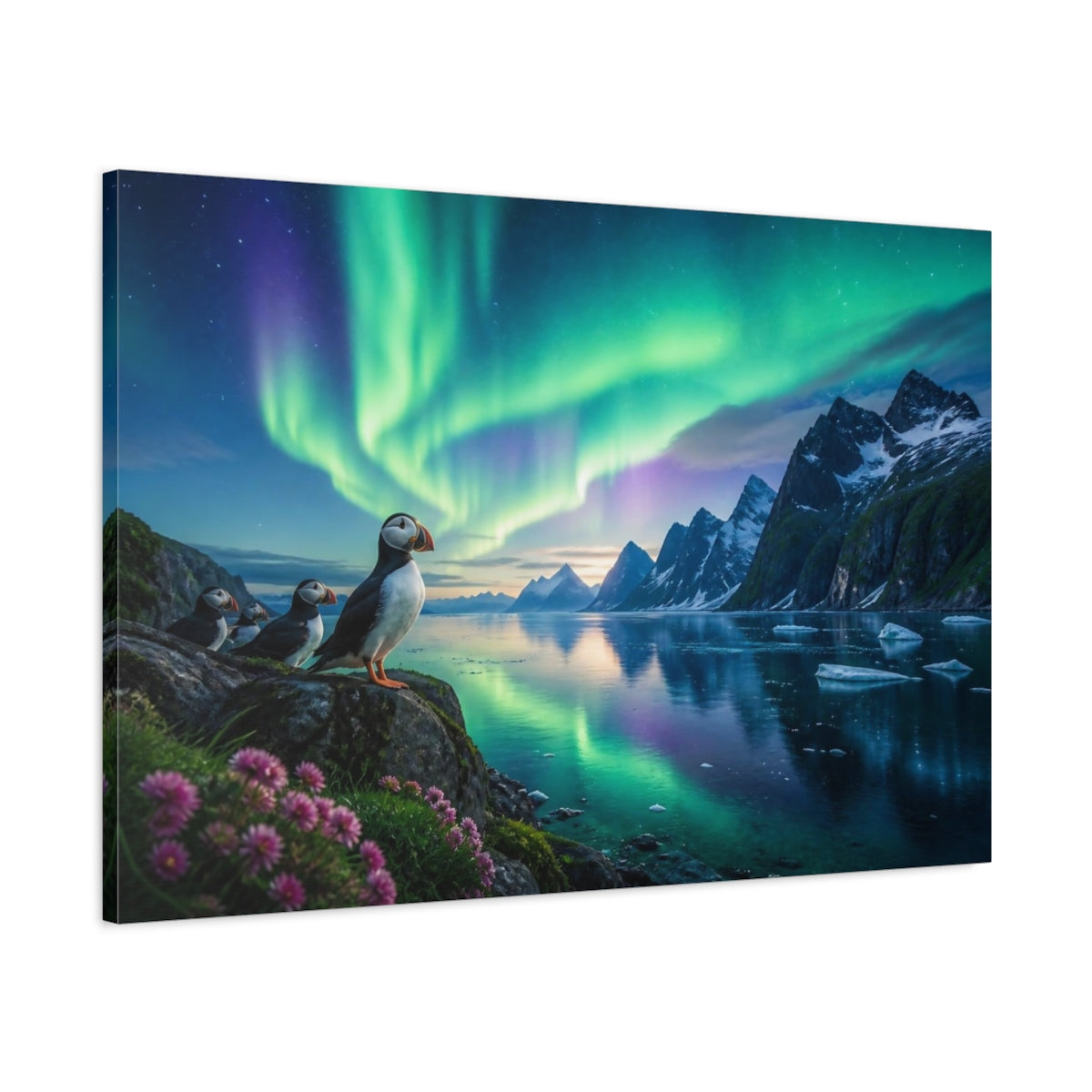 Main Mockup. Puffins Aurora Landscape shown as canvas print