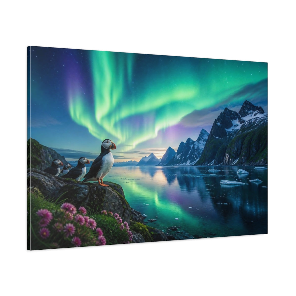 Side Mockup 1. Puffins Aurora Landscape shown as canvas print