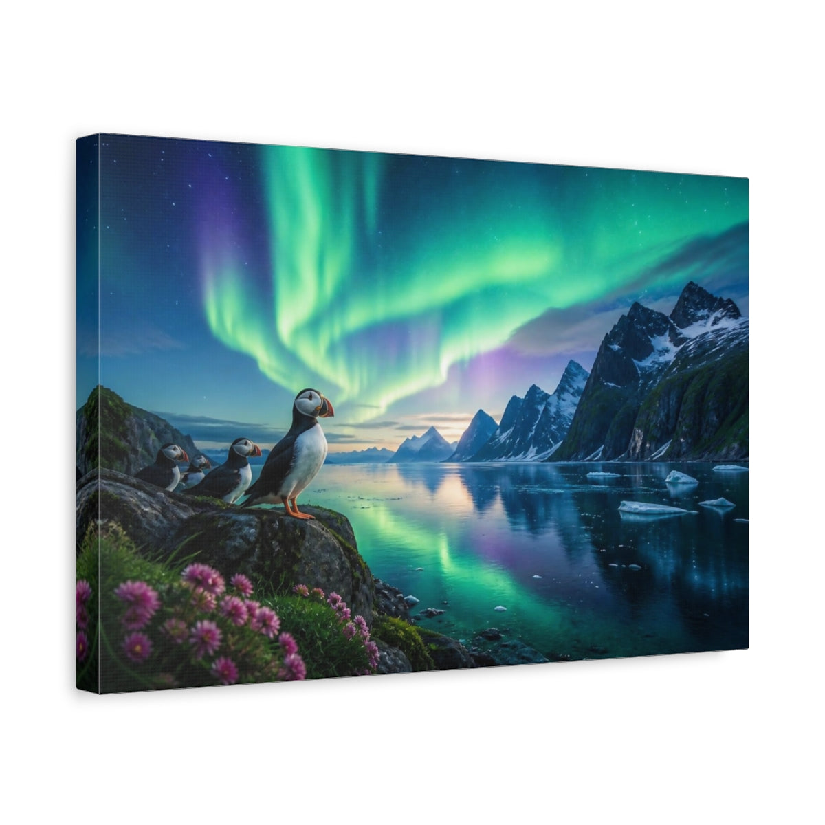 Side Mockup 4. Puffins Aurora Landscape shown as canvas print