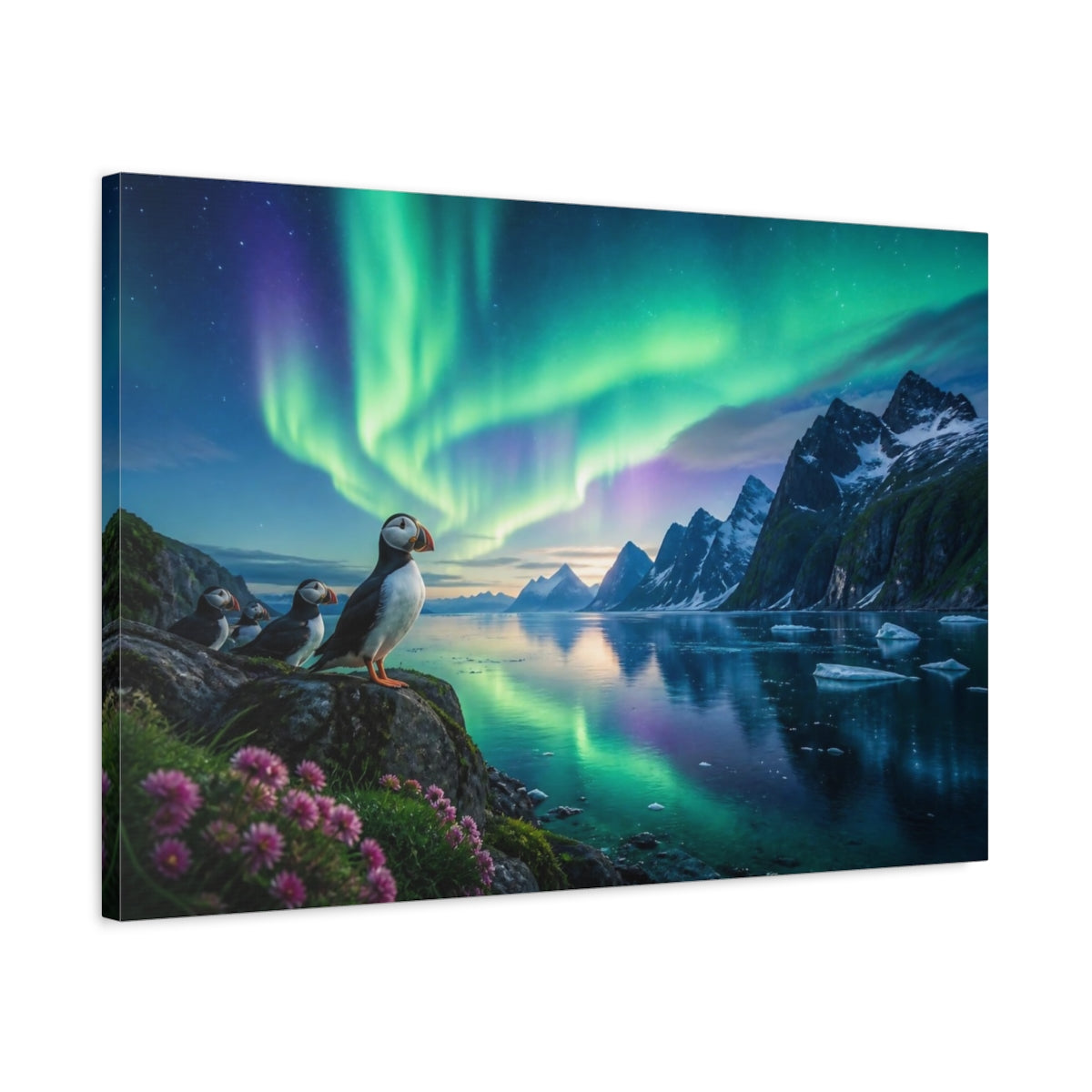 Side Mockup 2. Puffins Aurora Landscape shown as canvas print