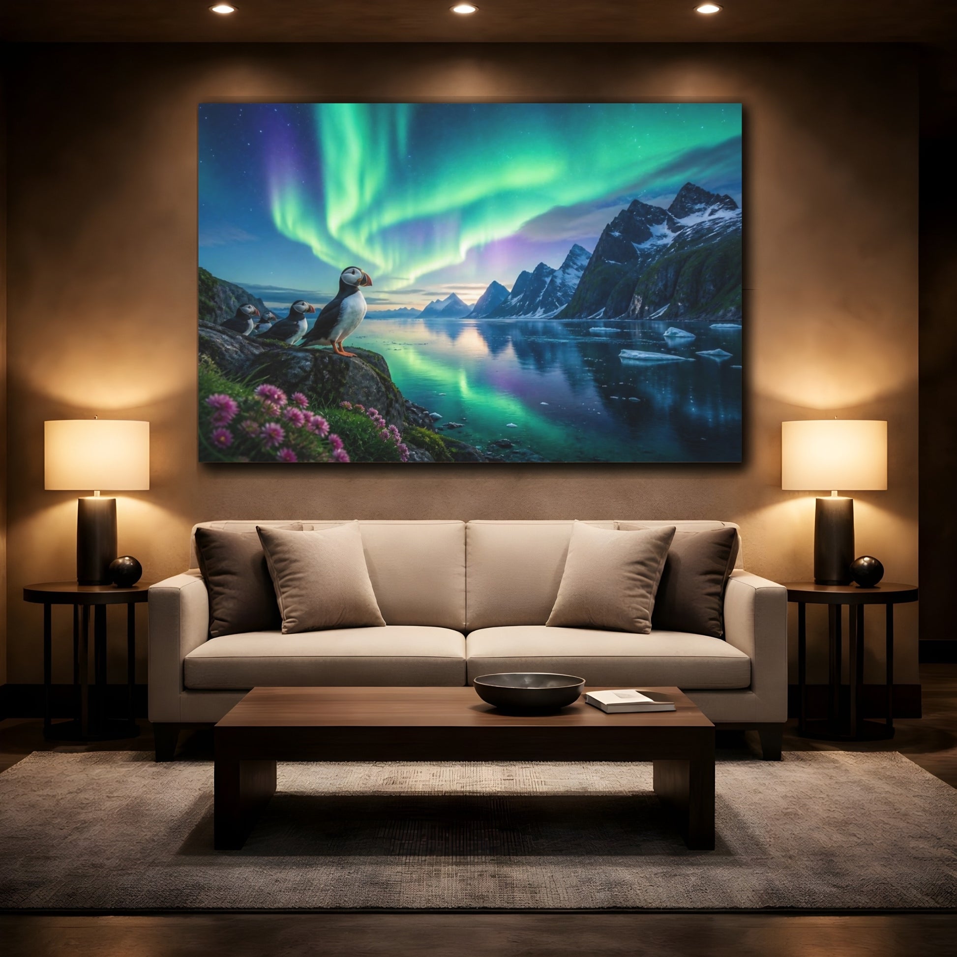Mockup 2. Puffins Aurora Landscape shown as canvas print