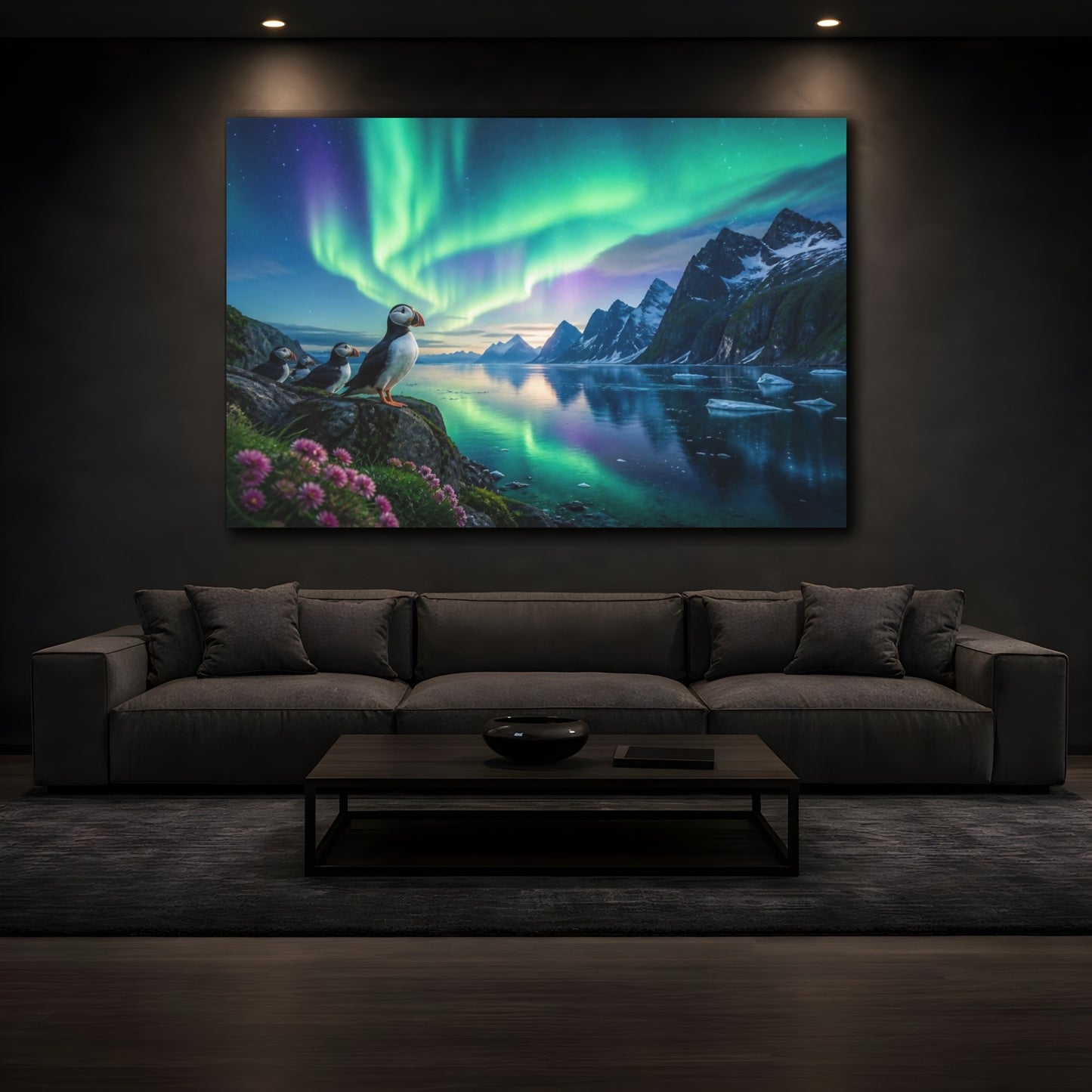 Mockup 3. Puffins Aurora Landscape shown as canvas print