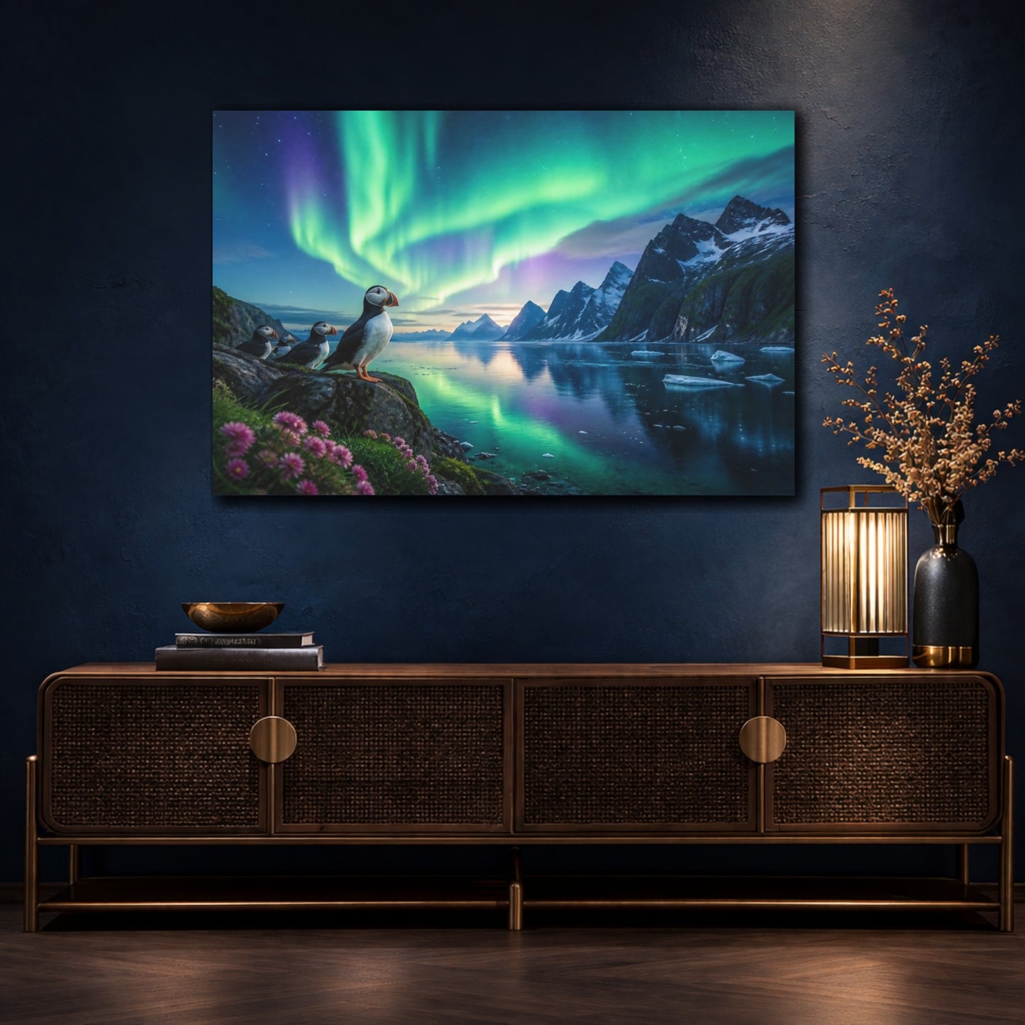 Mockup 4. Puffins Aurora Landscape shown as canvas print