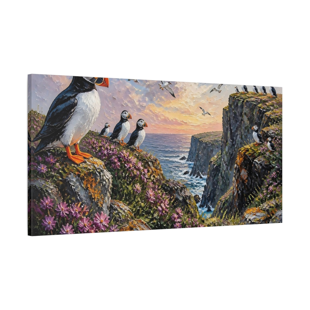 Main Mockup. Puffins On Sunset Cliffs shown as canvas print