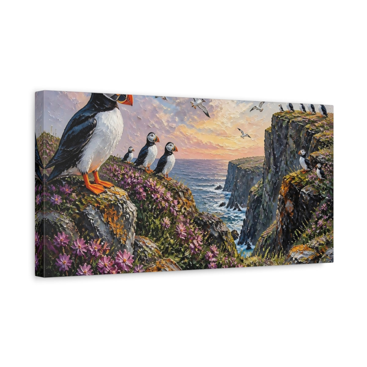 Side Mockup 3. Puffins On Sunset Cliffs shown as canvas print