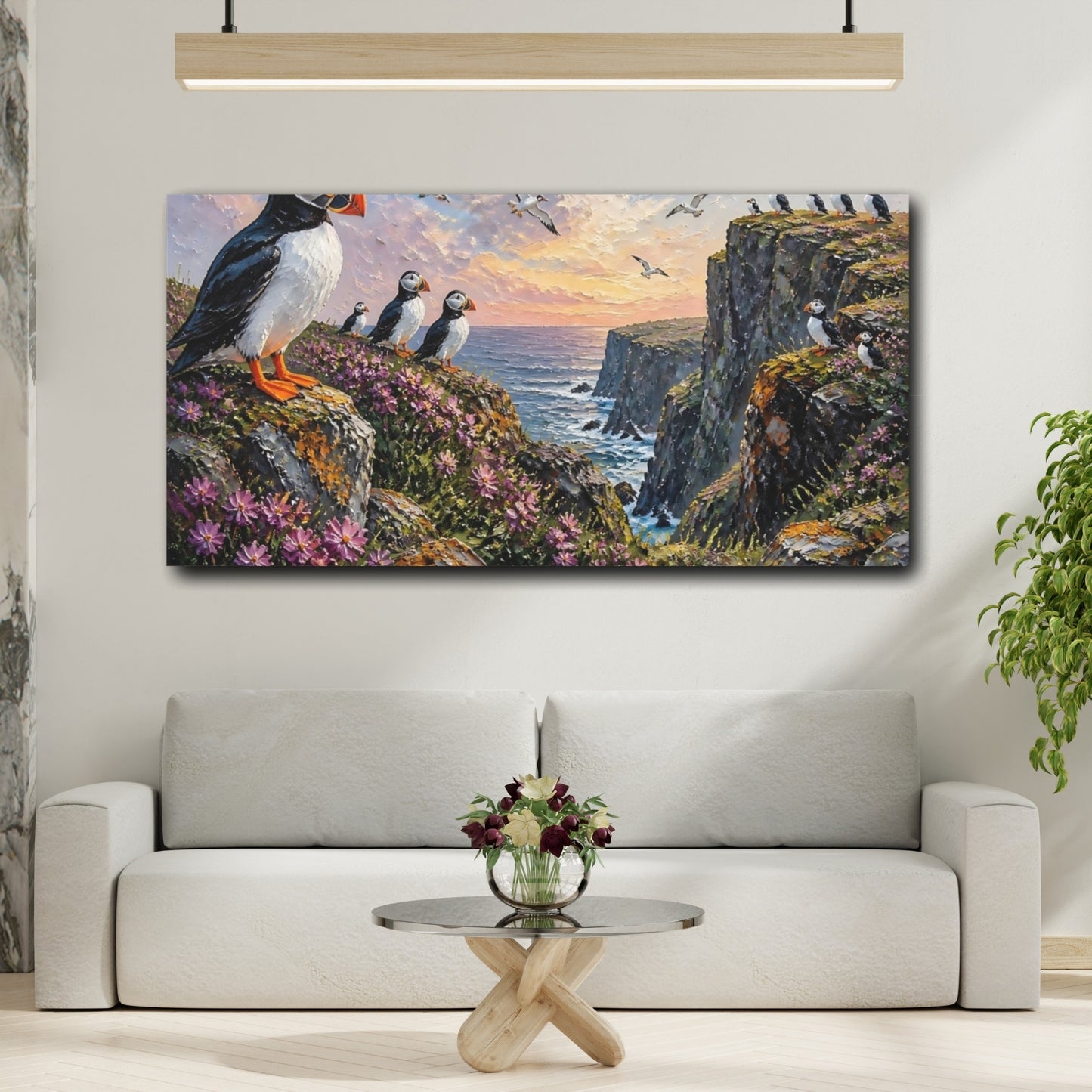 Mockup 2. Puffins On Sunset Cliffs shown as canvas print